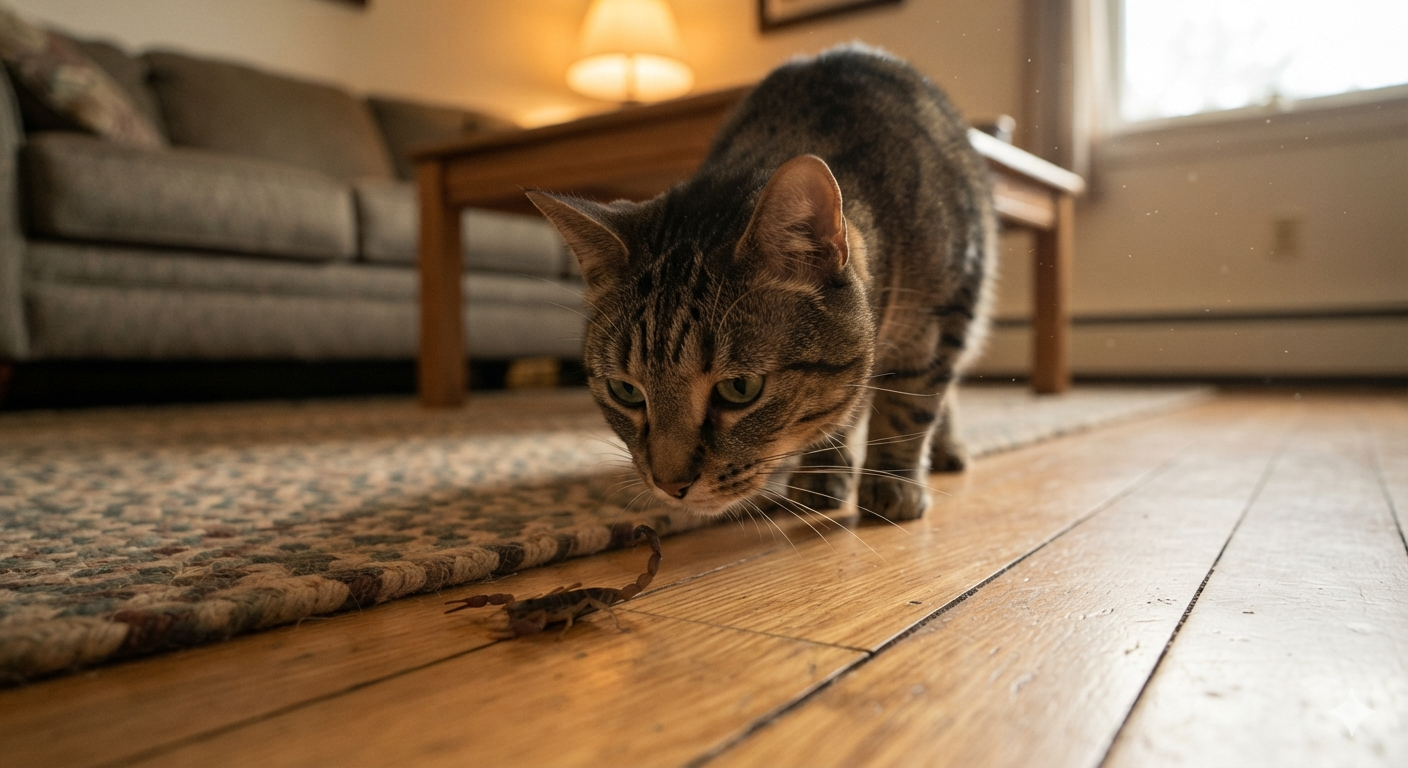 "Gato doméstico listrado abaixado no chão de madeira de uma sala, cheirando um pequeno escorpião marrom de perto."