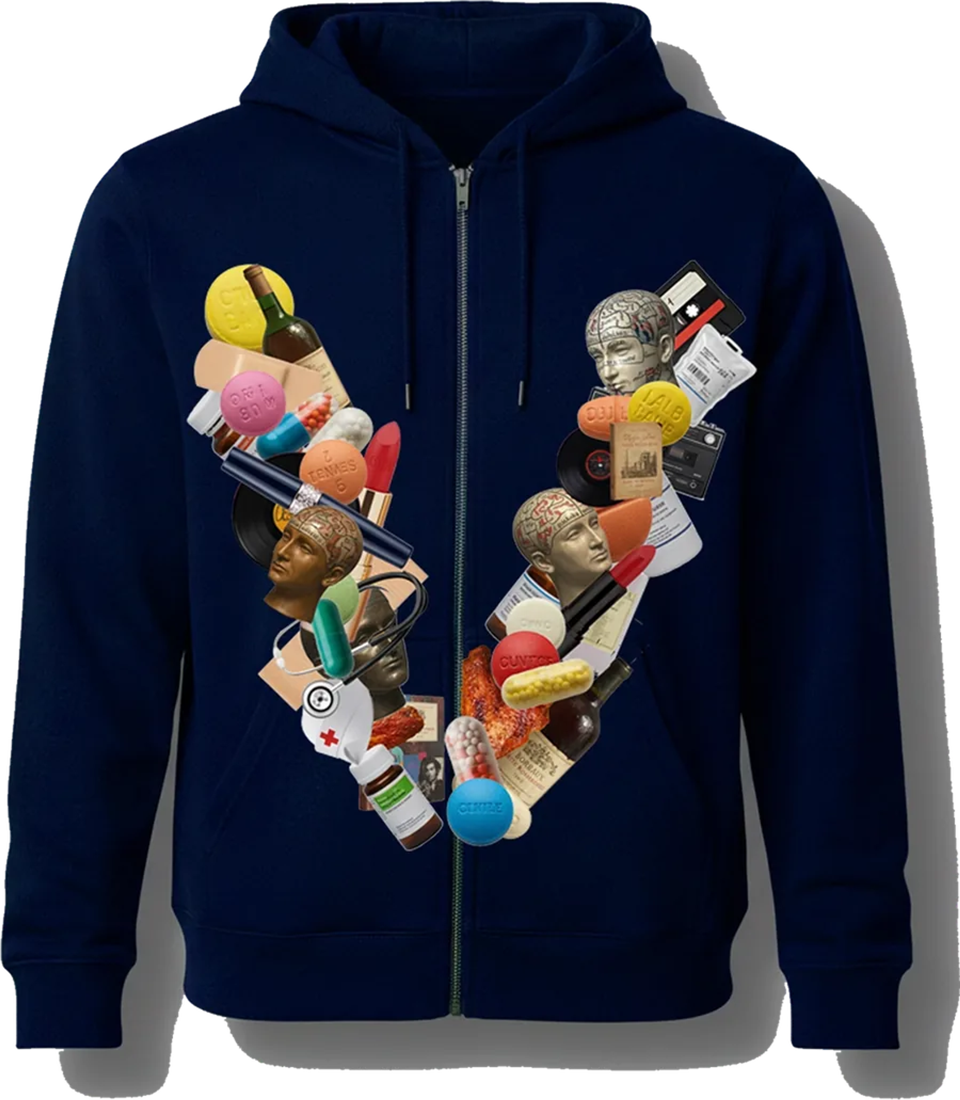 Collage V Zip Hoodie, Navy · brushed fleece