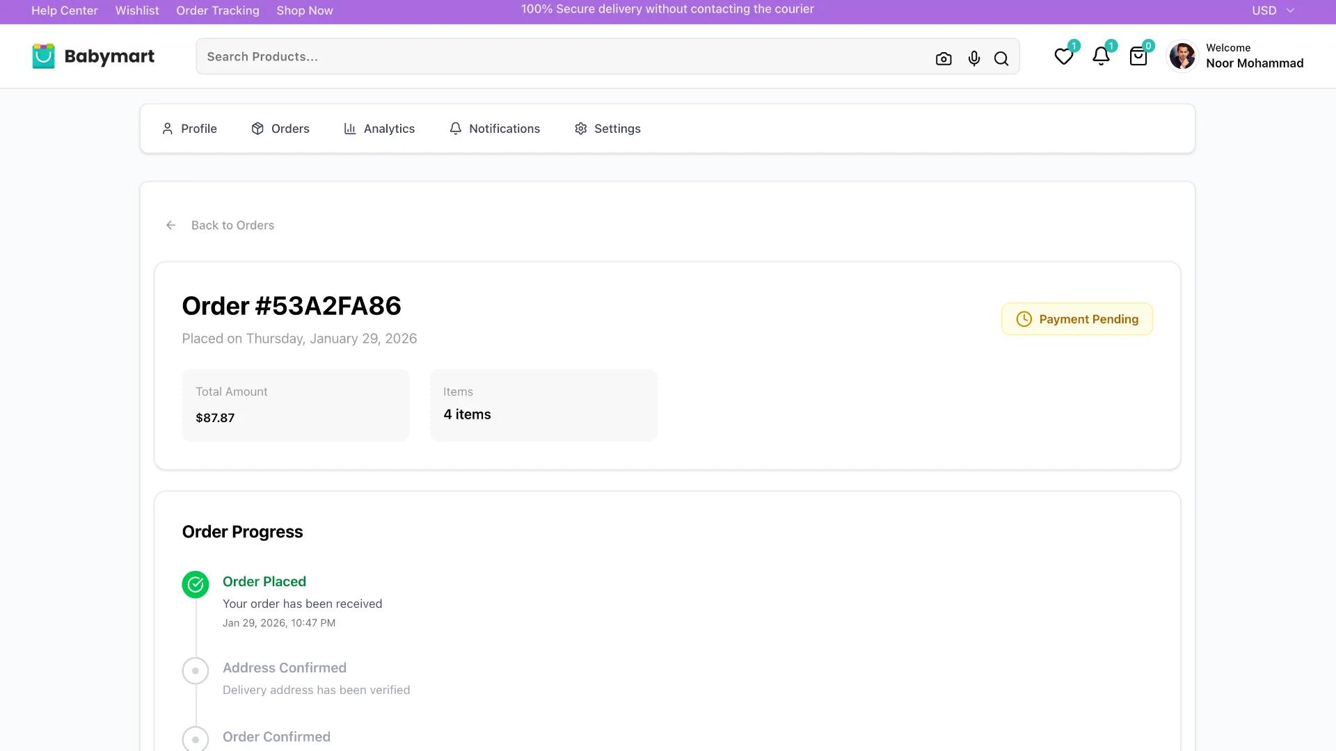 Single Order page with full details