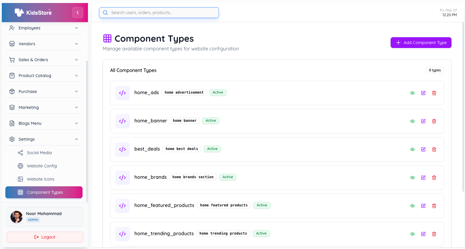 Admin Components page
