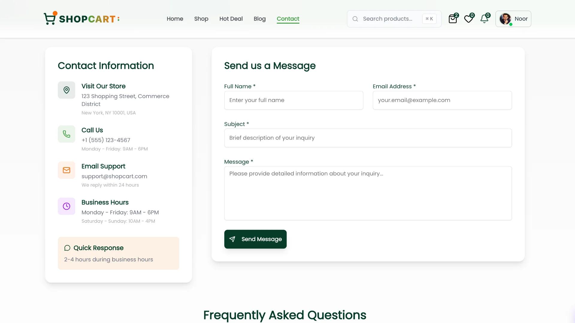 Contact page with form