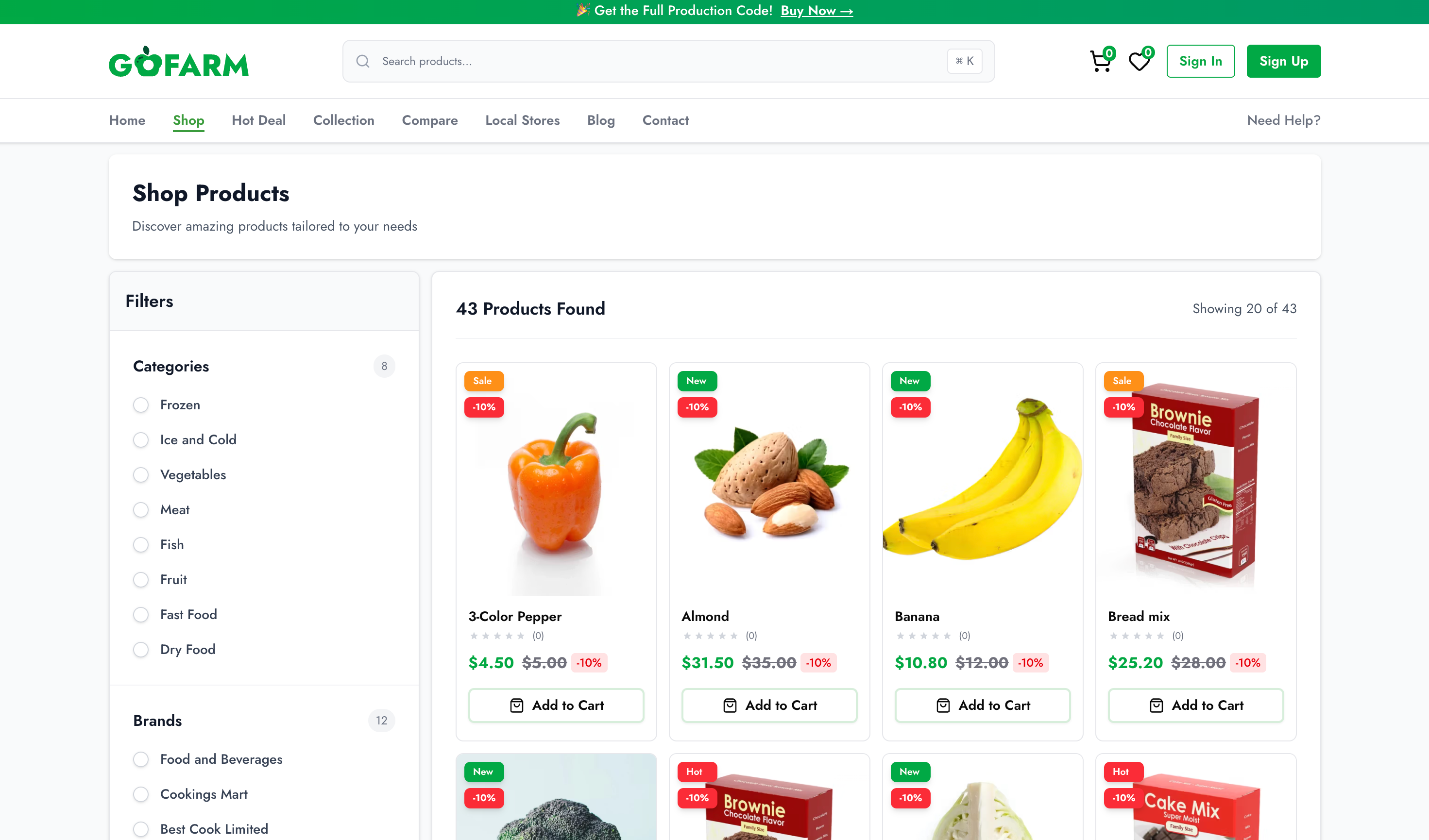 Shop page with filters and others