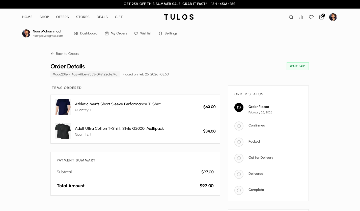 User Order Details Page