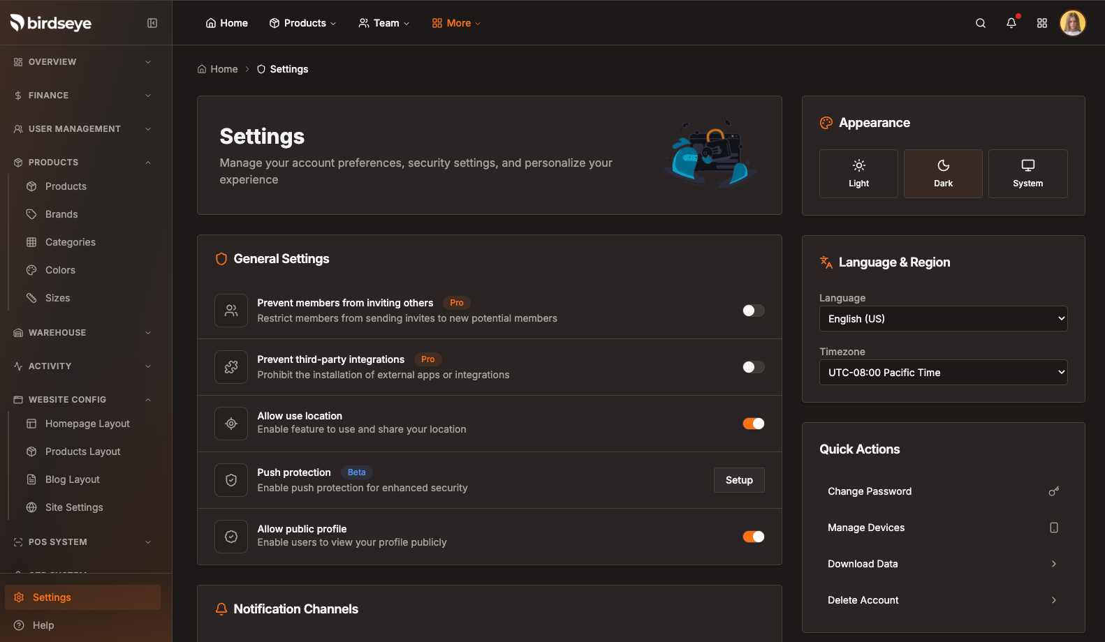 Settings page