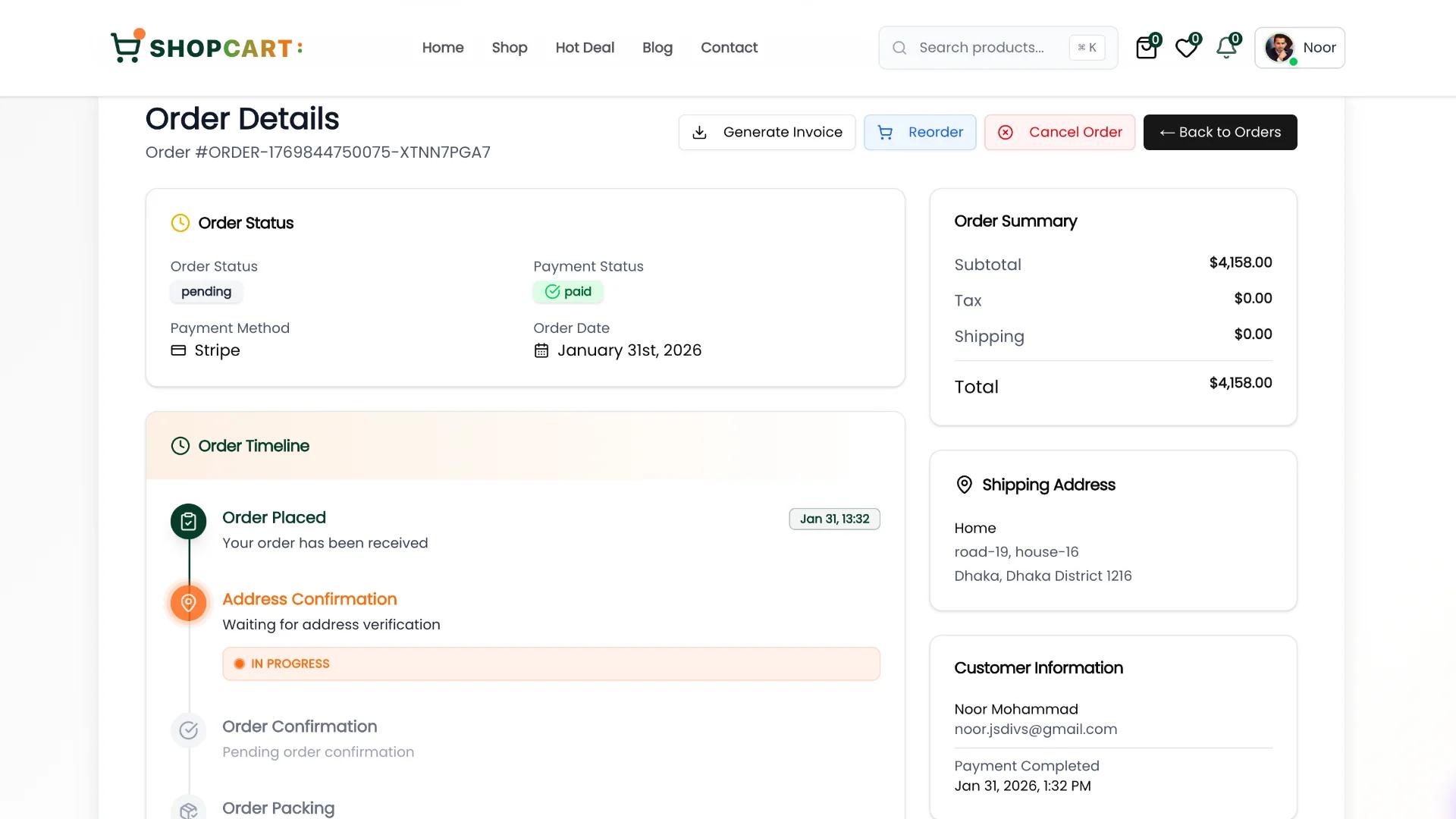 Order details page with full tracking