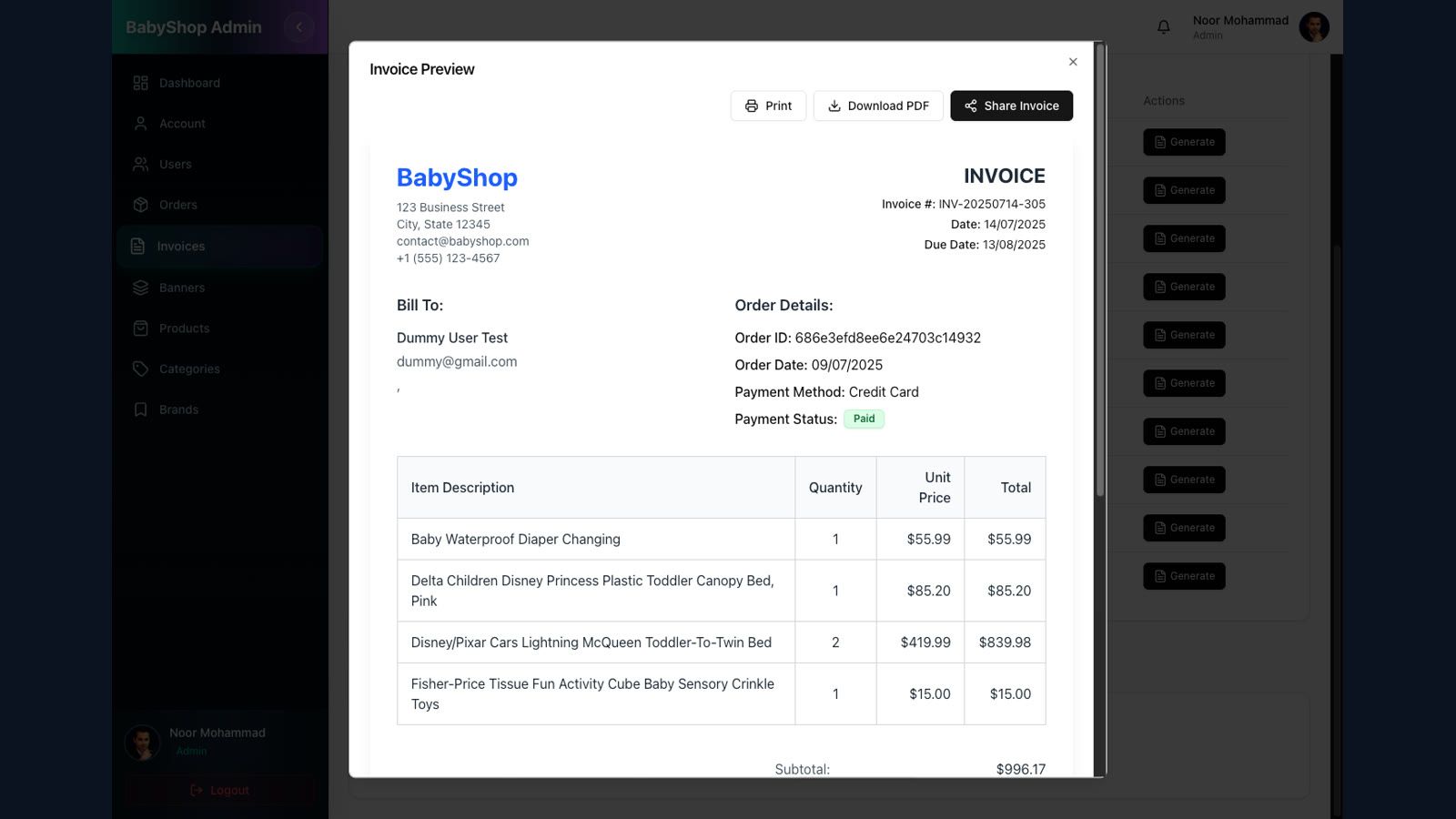 Dashboard Invoice View