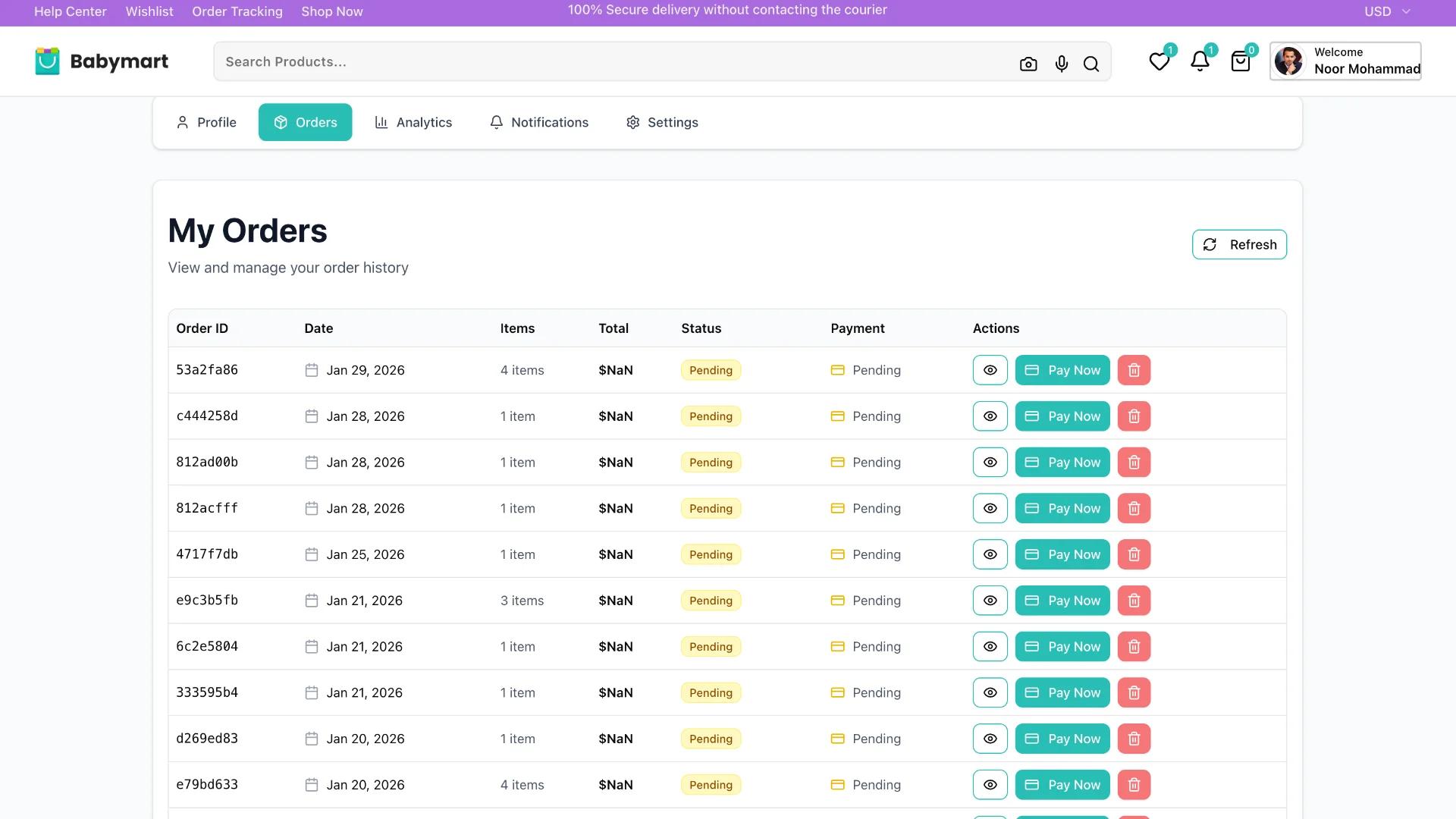 Orders page in table view