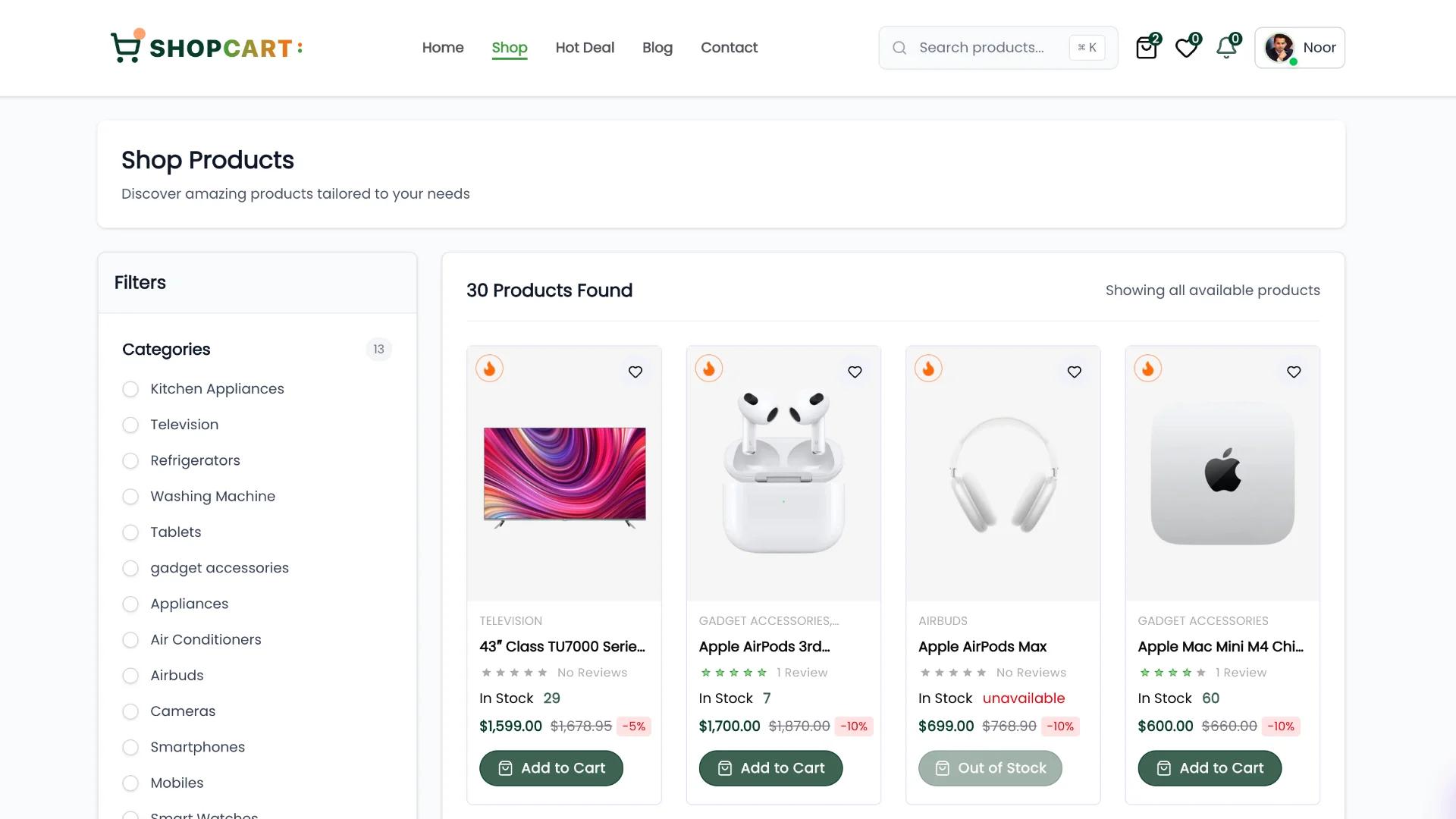Shop page with filters