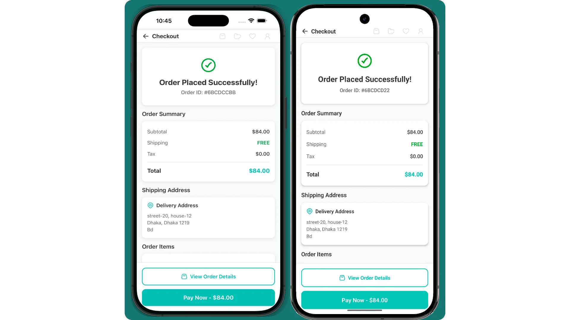 Checkout Screen with full details of the order