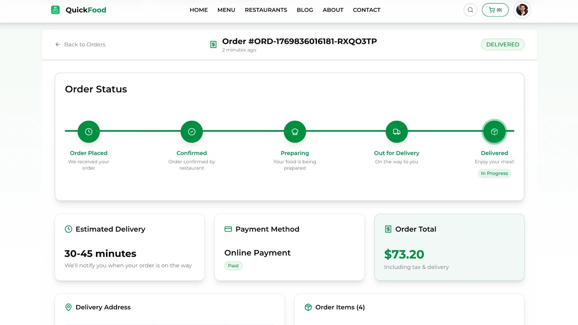 Order tracking page to find the order status