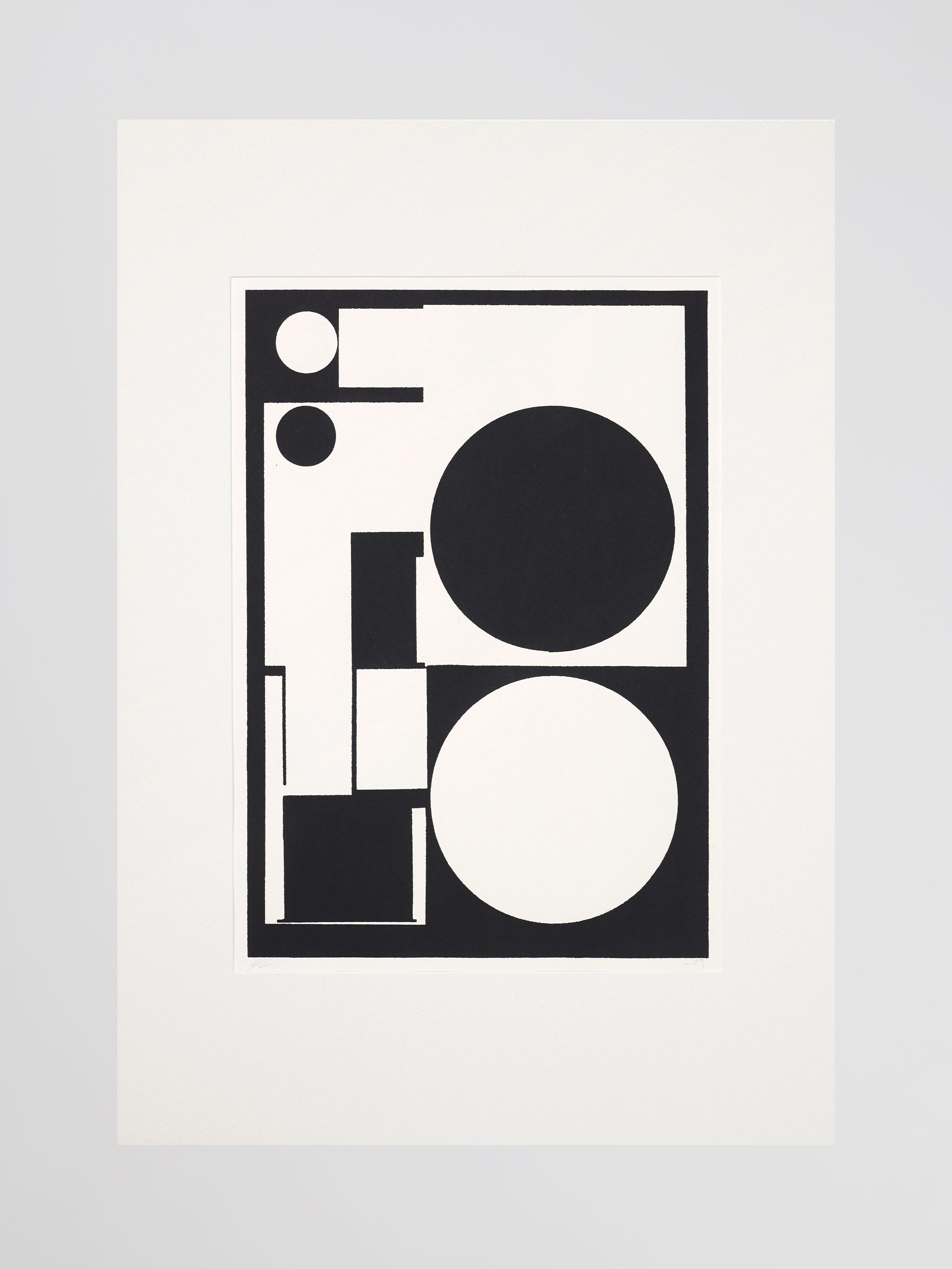Black-and-white screen print showing abstract geometric shapes based on elements of a woodworking workshop