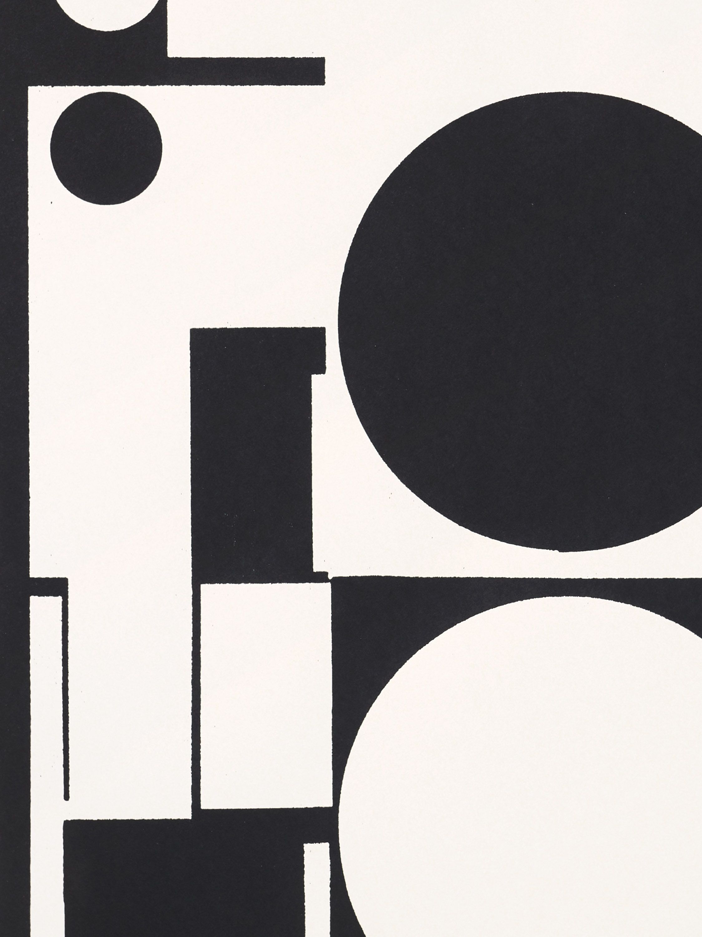 Black-and-white screen print showing abstract geometric shapes based on elements of a woodworking workshop