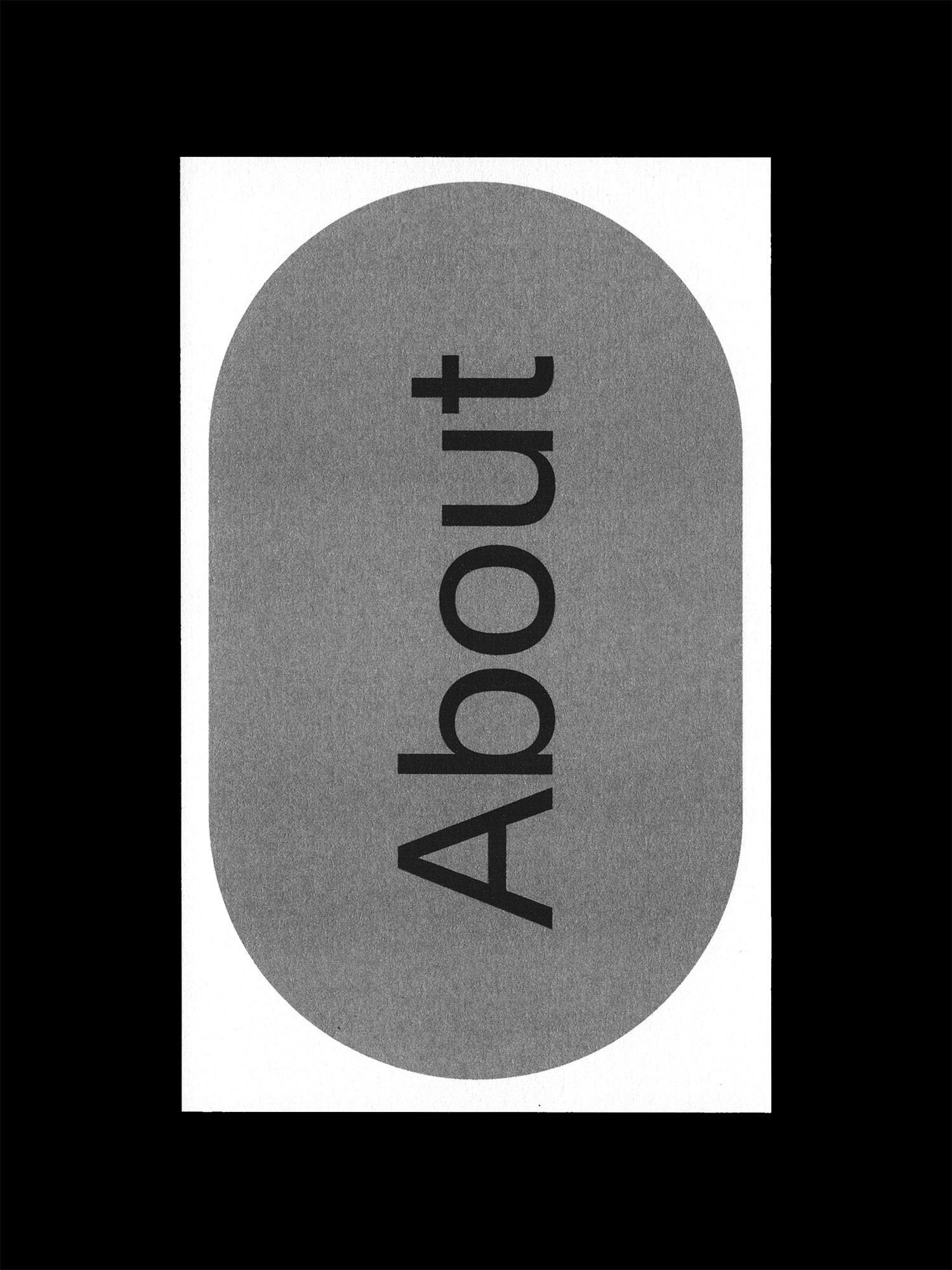 White postcard with a silver button labeled About in black text.