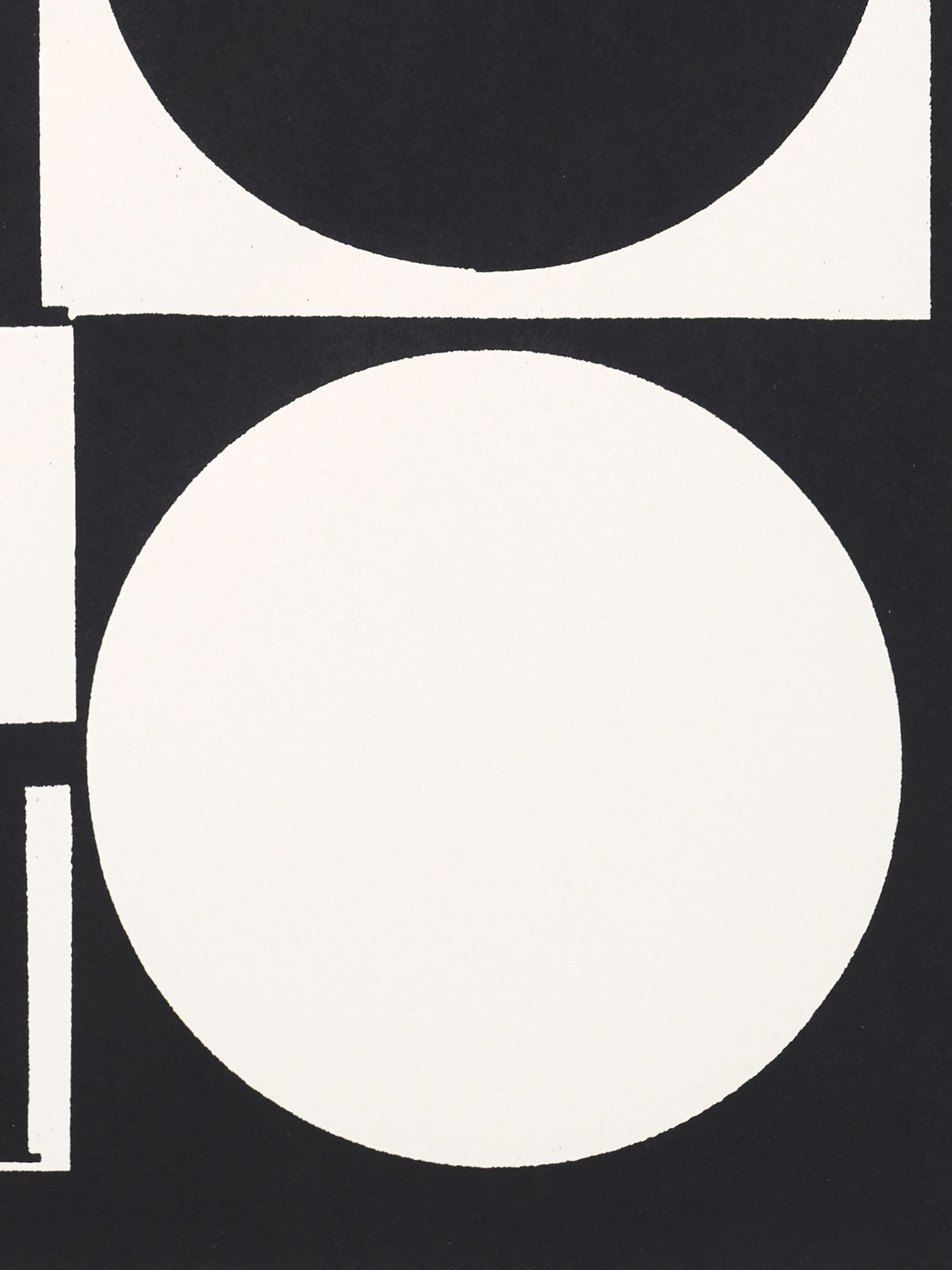 Black-and-white screen print showing abstract geometric shapes based on elements of a woodworking workshop