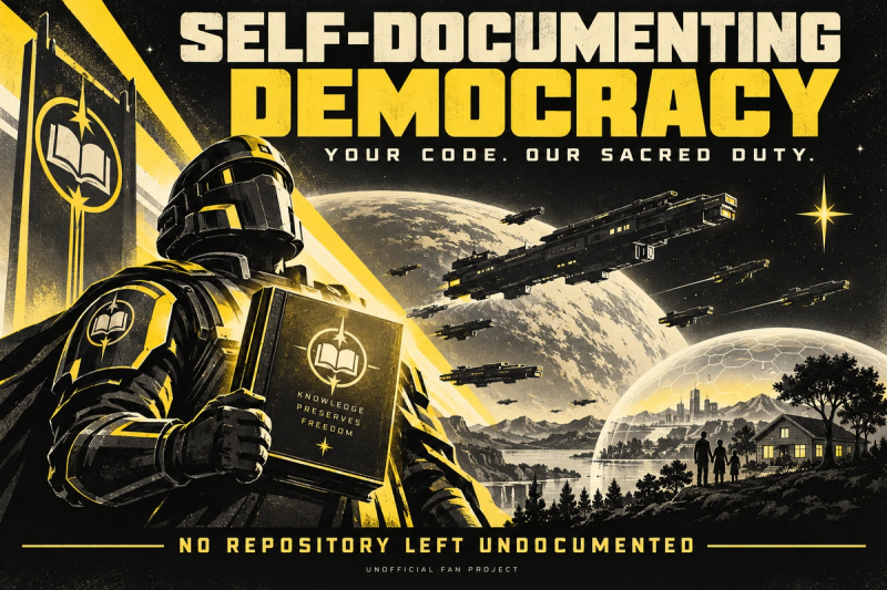 Cartel original de Self-Documenting Democracy: un archivista con un manual ante una flota espacial. Proyecto fan no oficial.