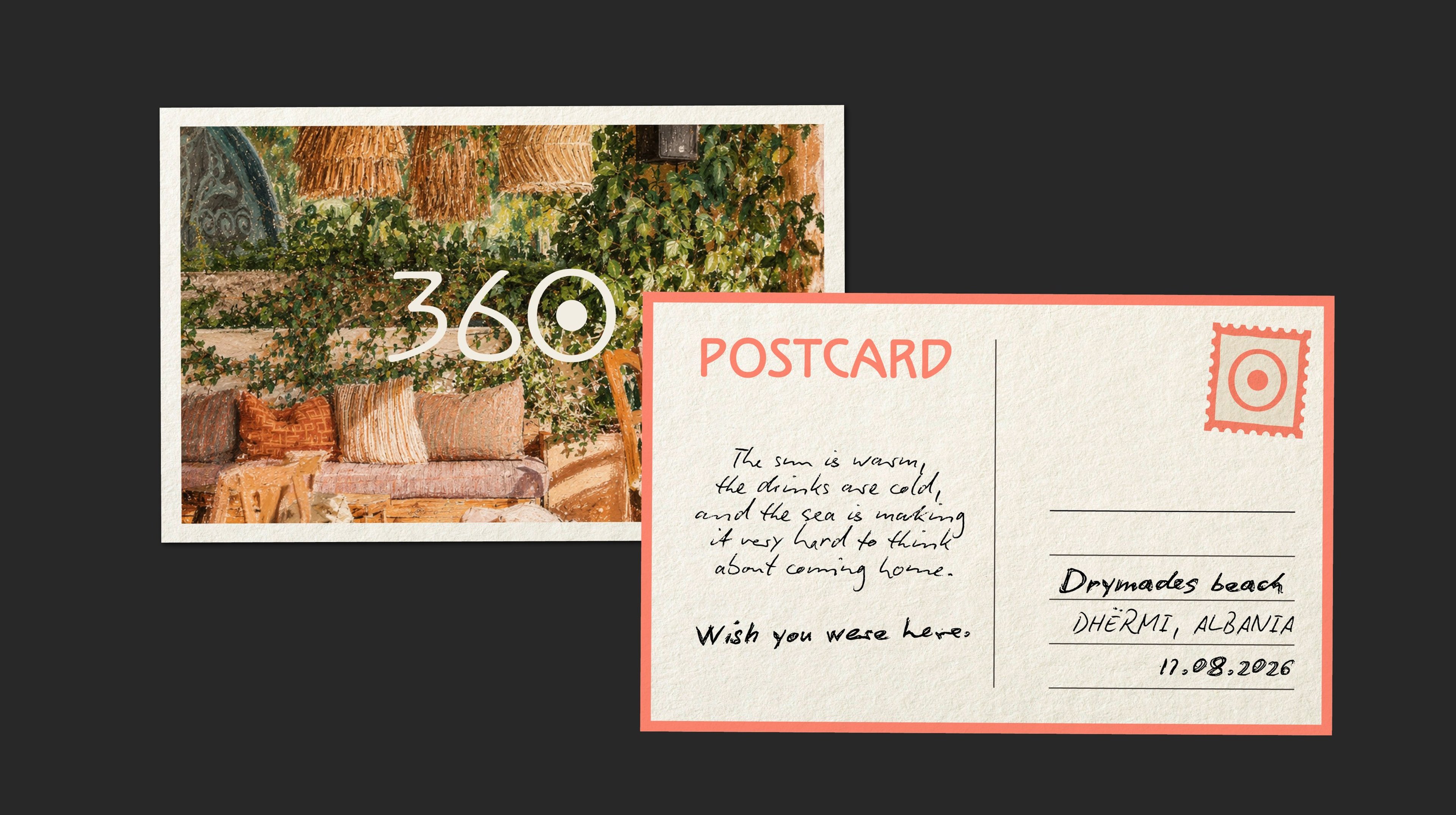 360° Sunset Bar branded postcard design, Dhërmi Albania — Golden Hour, All Around | BoldCrest