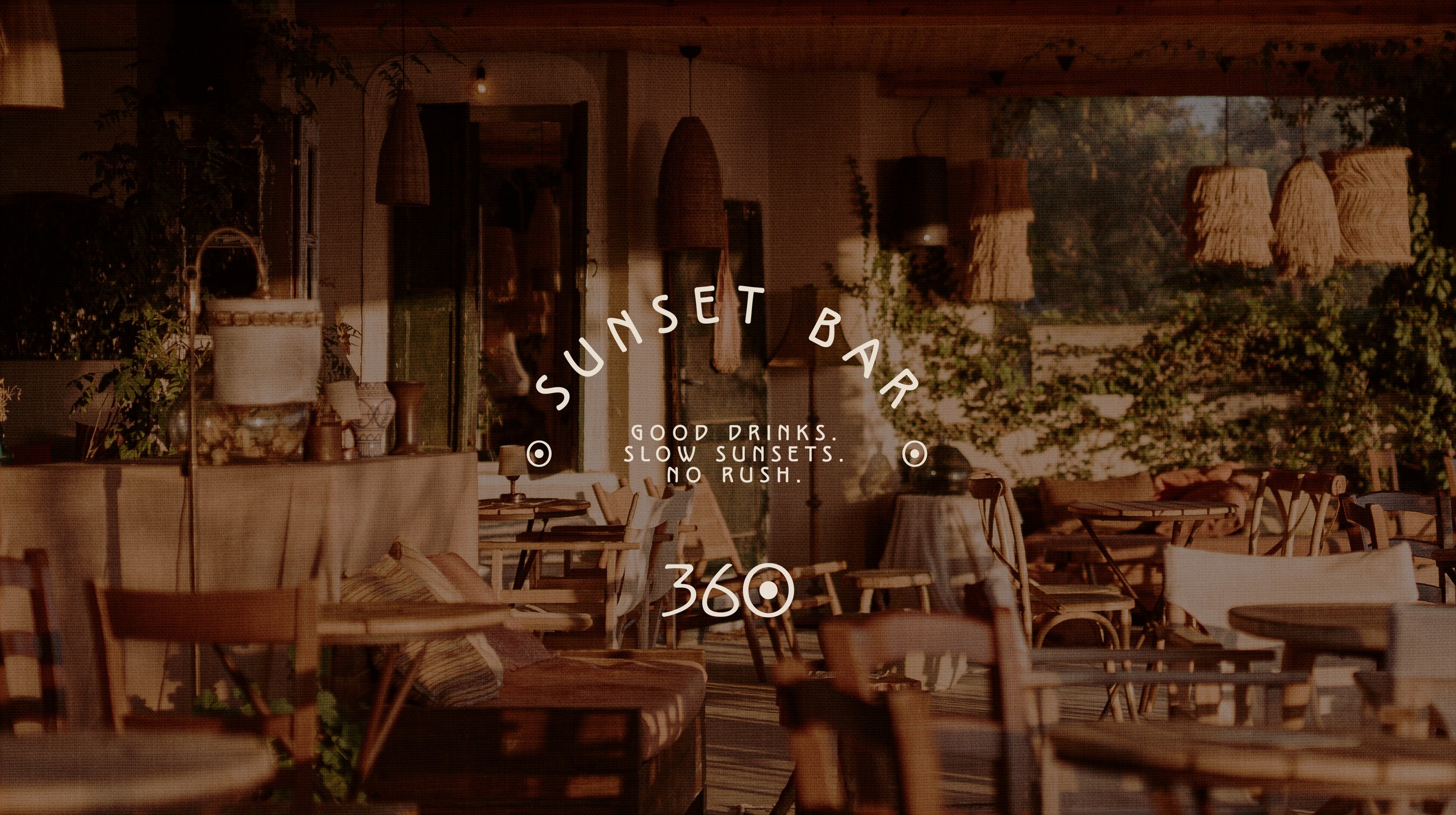 360° Sunset Bar brand tagline applied to venue photography — Golden Hour, All Around | BoldCrest