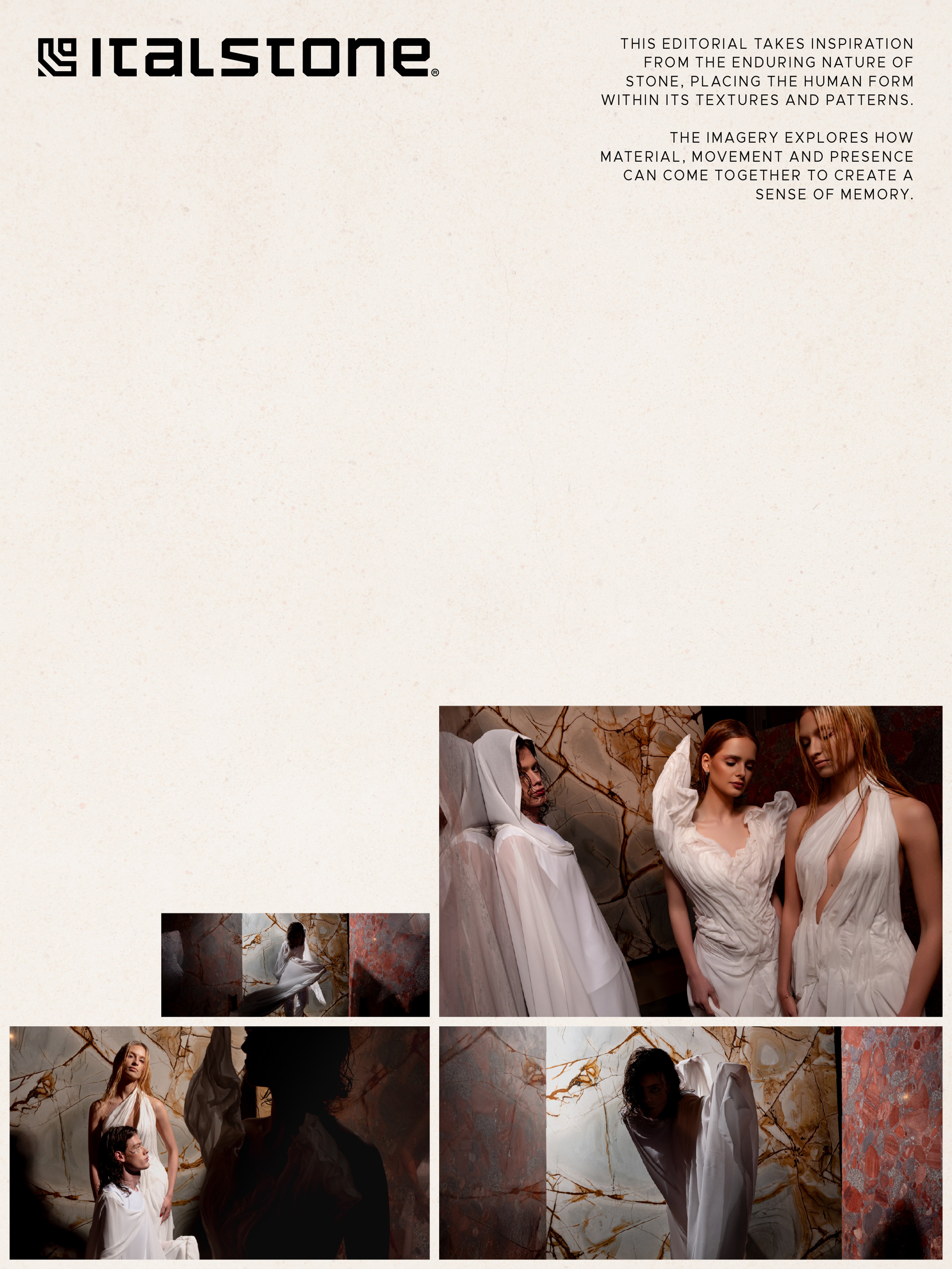 Italstone editorial title spread with concept statement and shot grid — Shot in Stone | BoldCrest