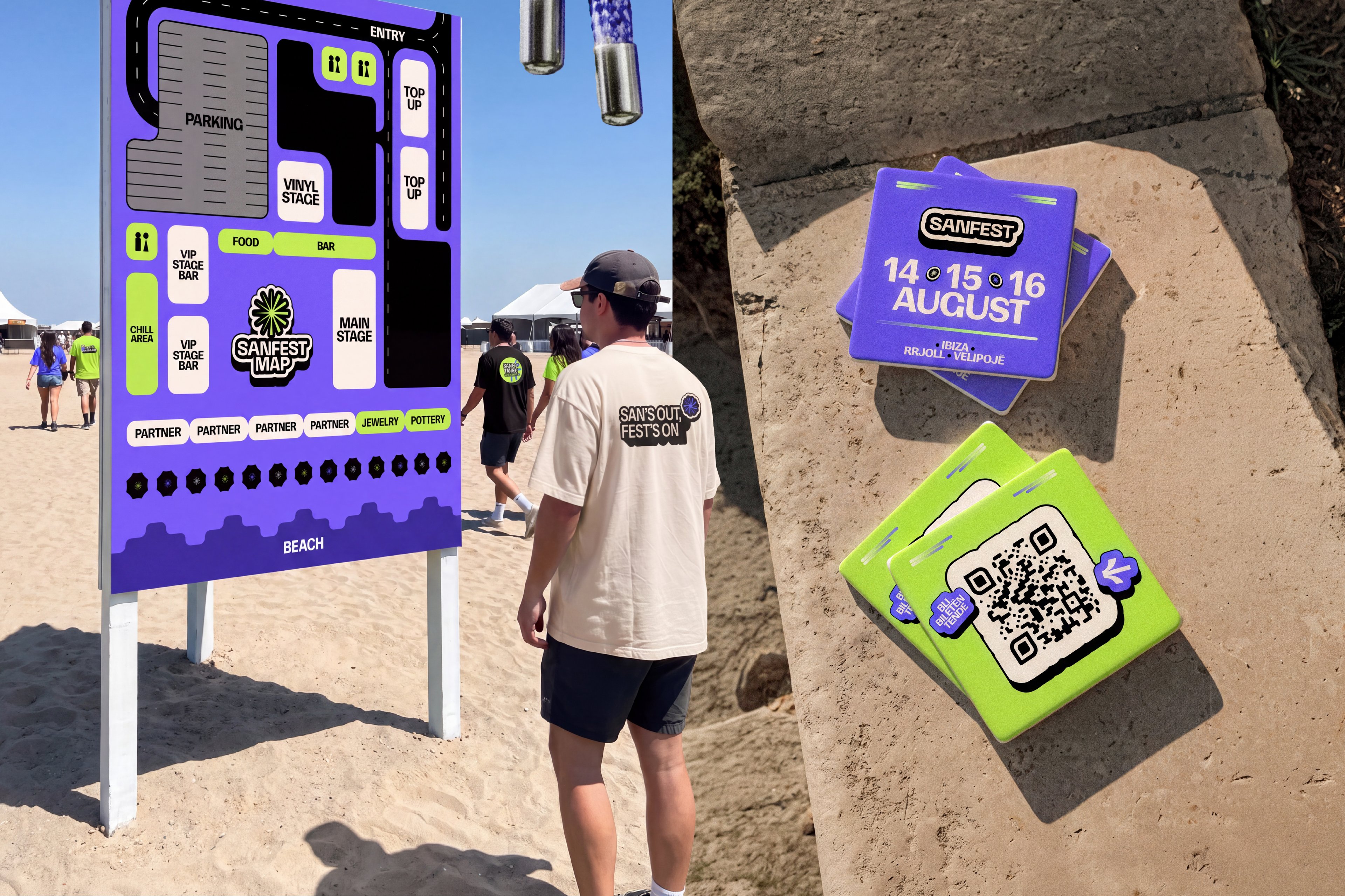 SANFEST beach wayfinding signage, tee and pass cards — Day n’ Nite | BoldCrest