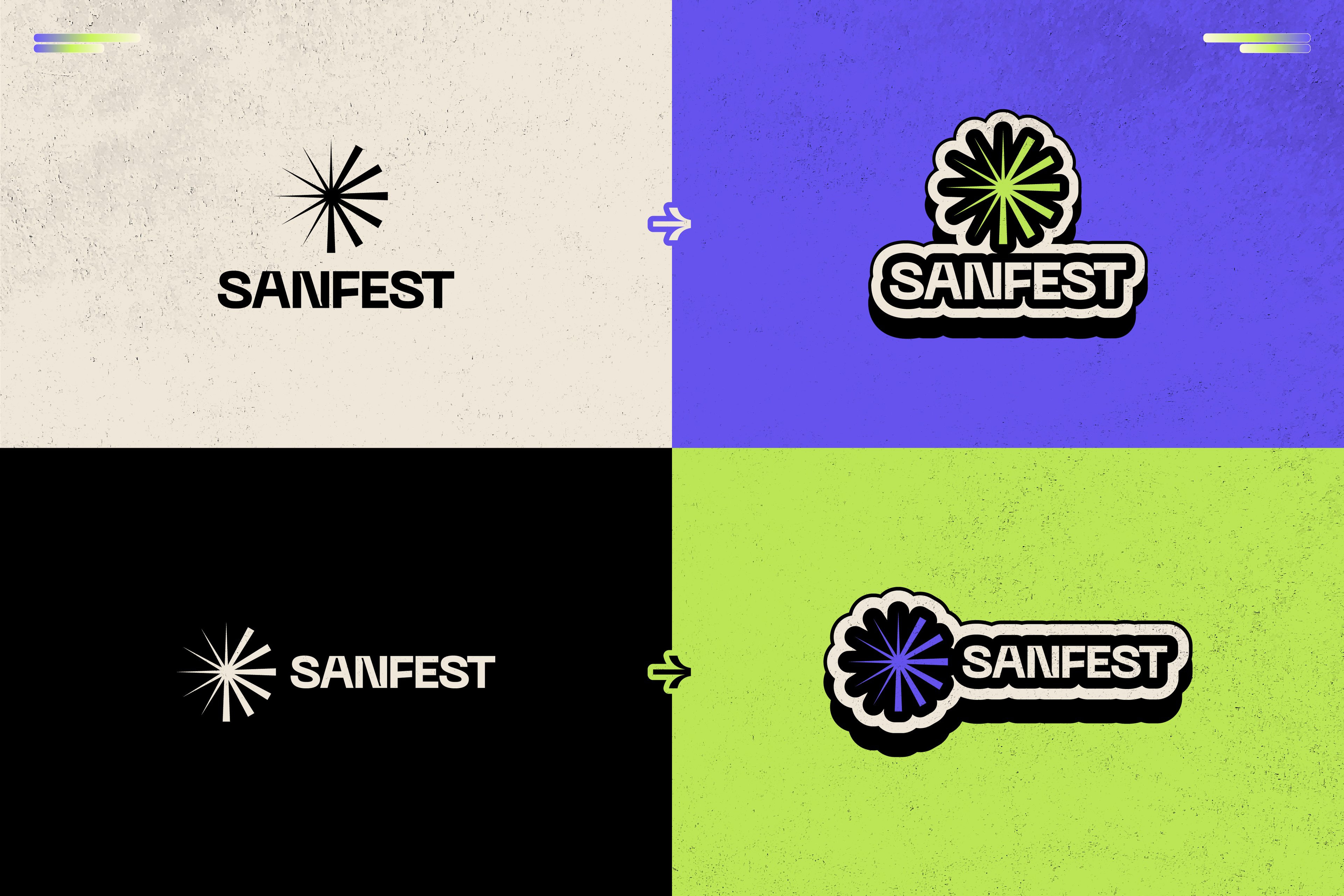SANFEST logotype and burst mark across four brand colourways — Day n’ Nite | BoldCrest