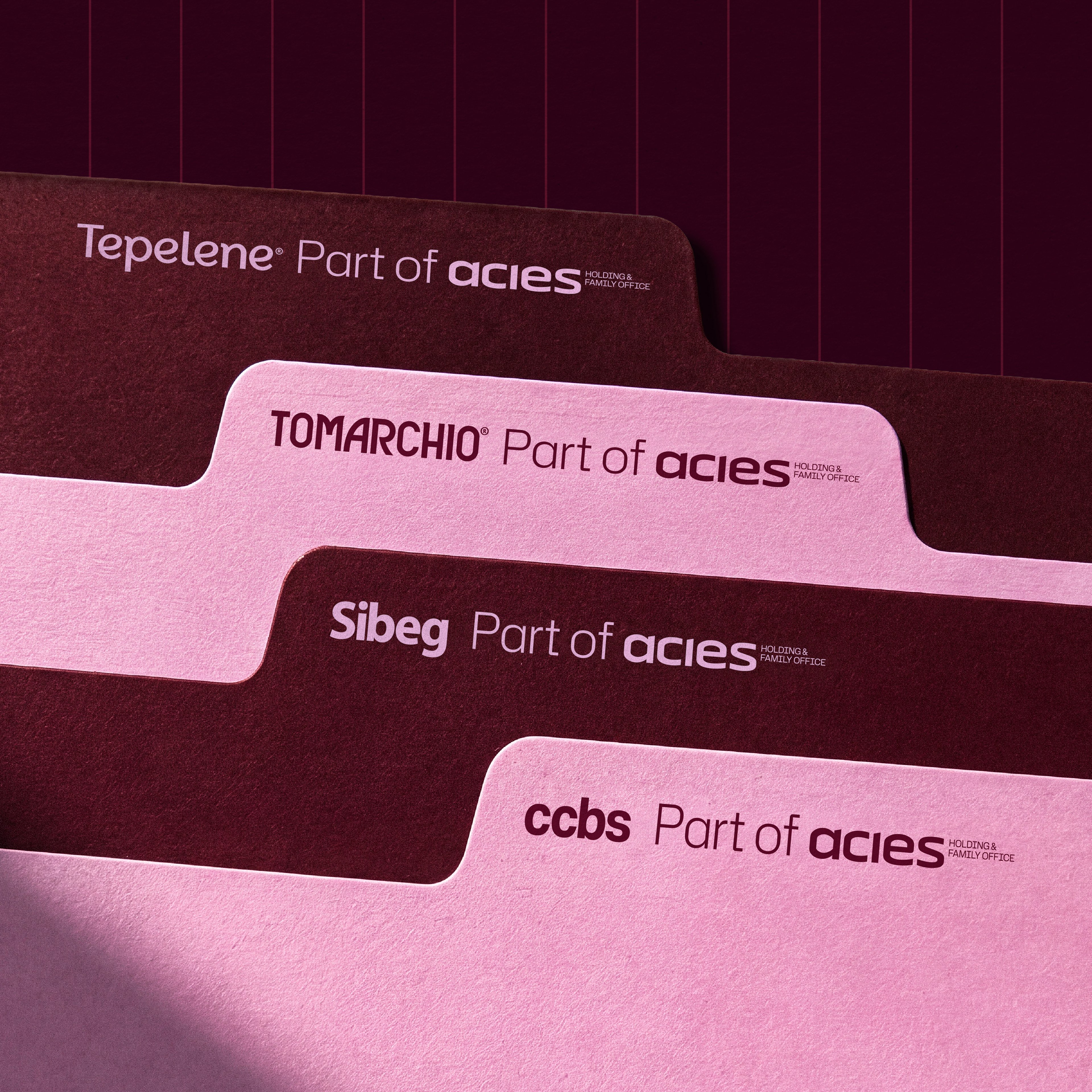 ACIES subsidiary brand cards on textured paper — Heritage in Beverage | BoldCrest