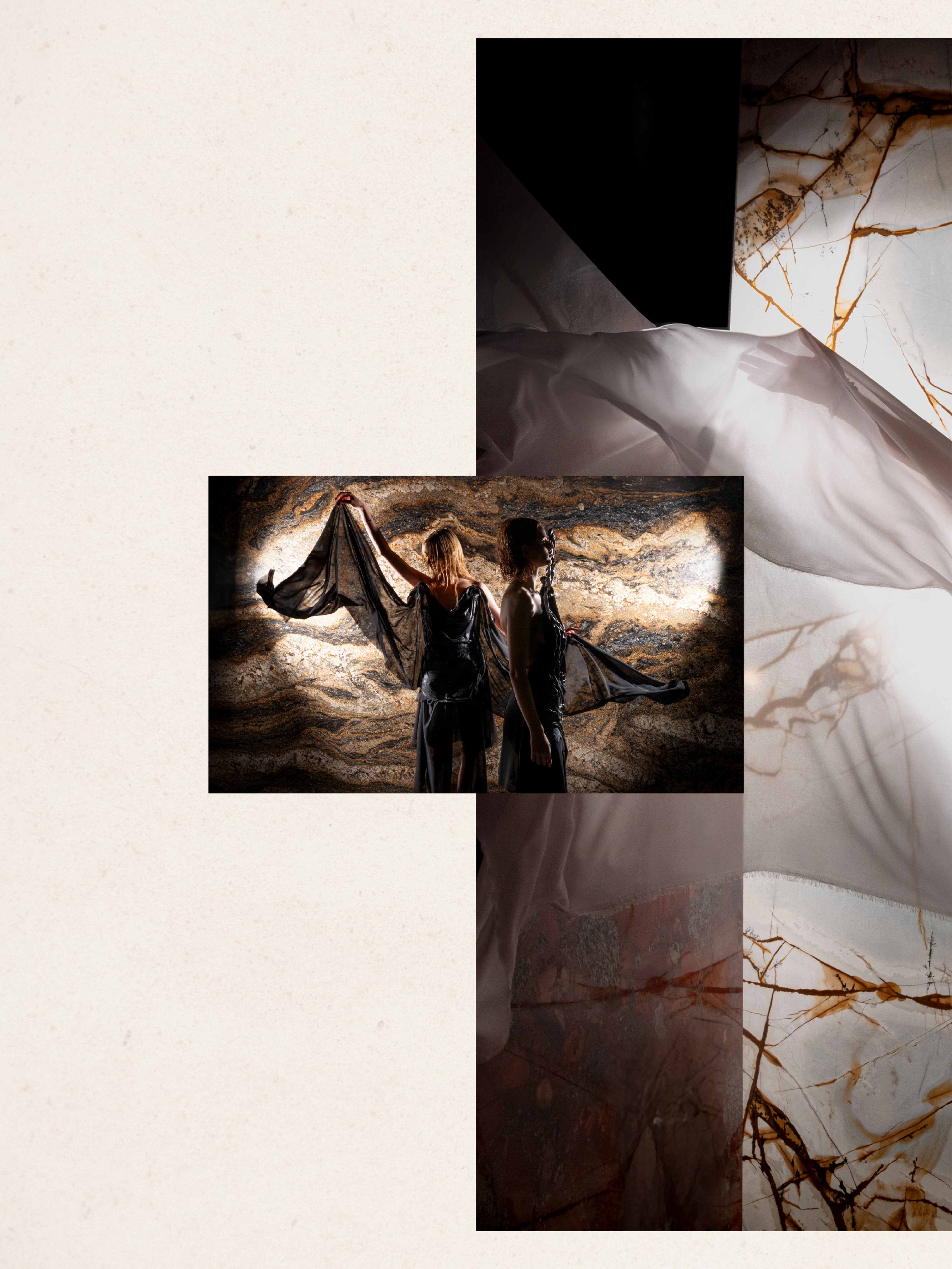Italstone layout spread of sheer fabric against stone slabs — Shot in Stone | BoldCrest