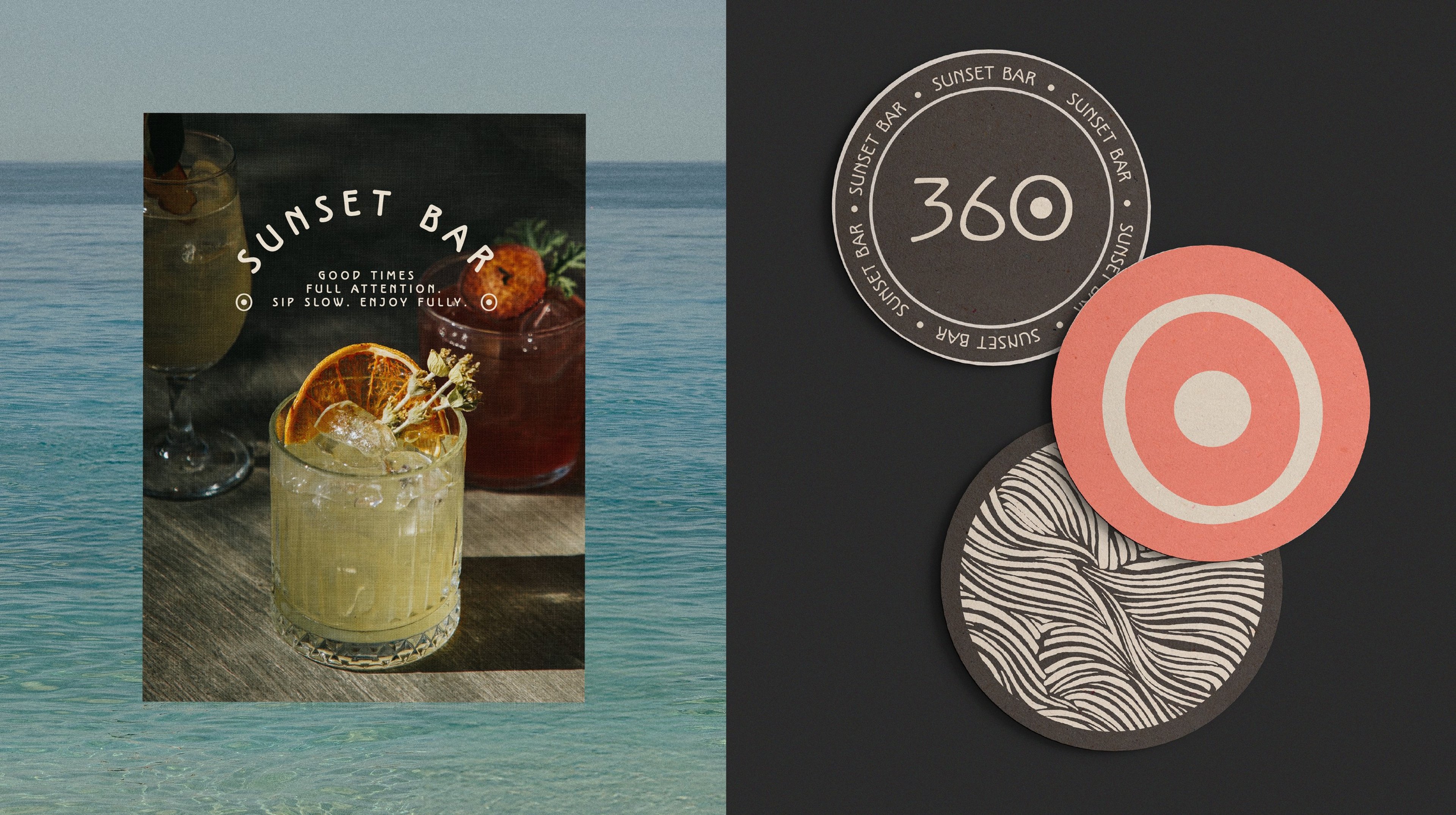 360° Sunset Bar cocktail menu design and brand mark — Golden Hour, All Around | BoldCrest
