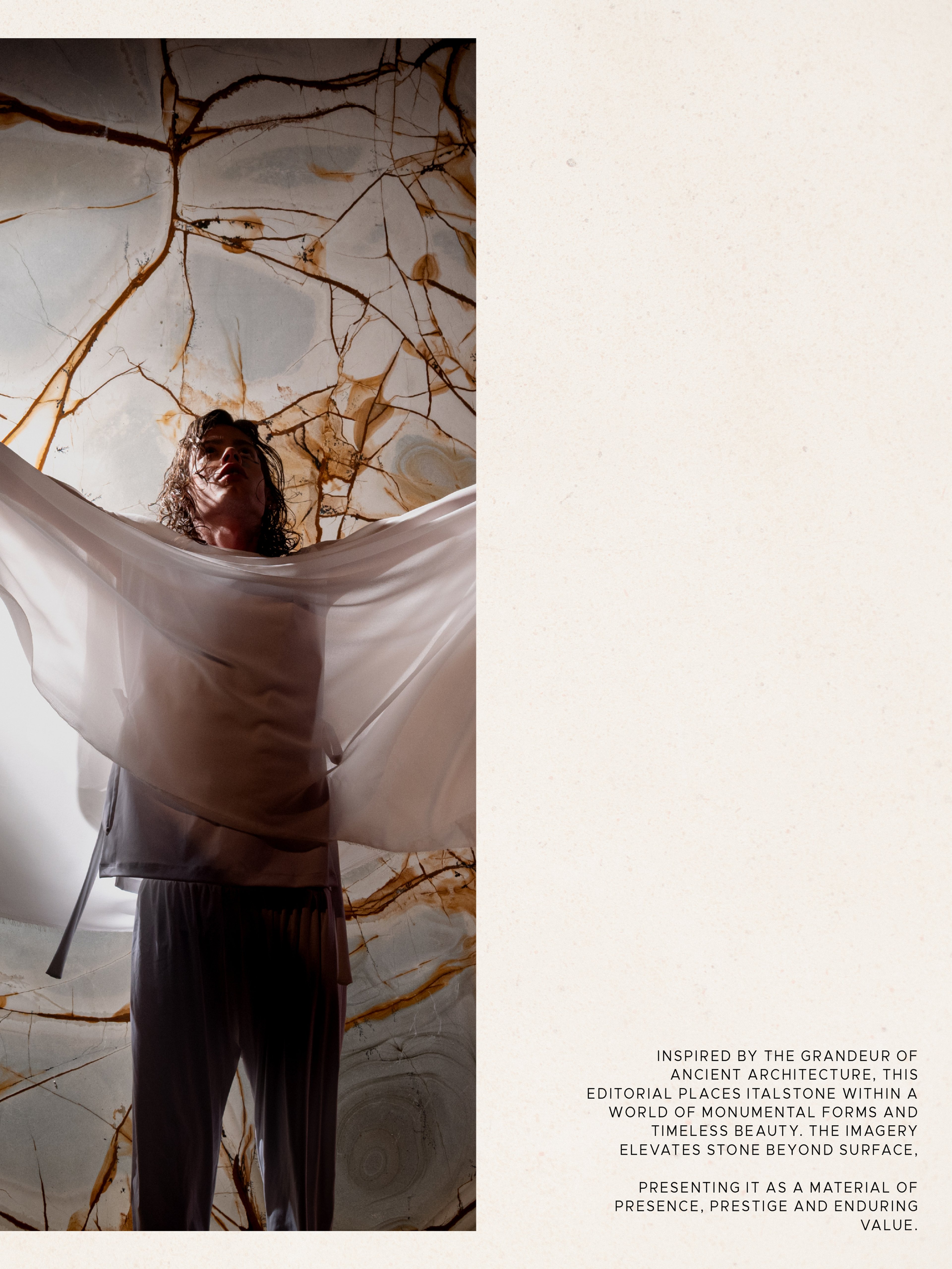 Italstone model draped in sheer fabric on a marble backdrop — Shot in Stone | BoldCrest
