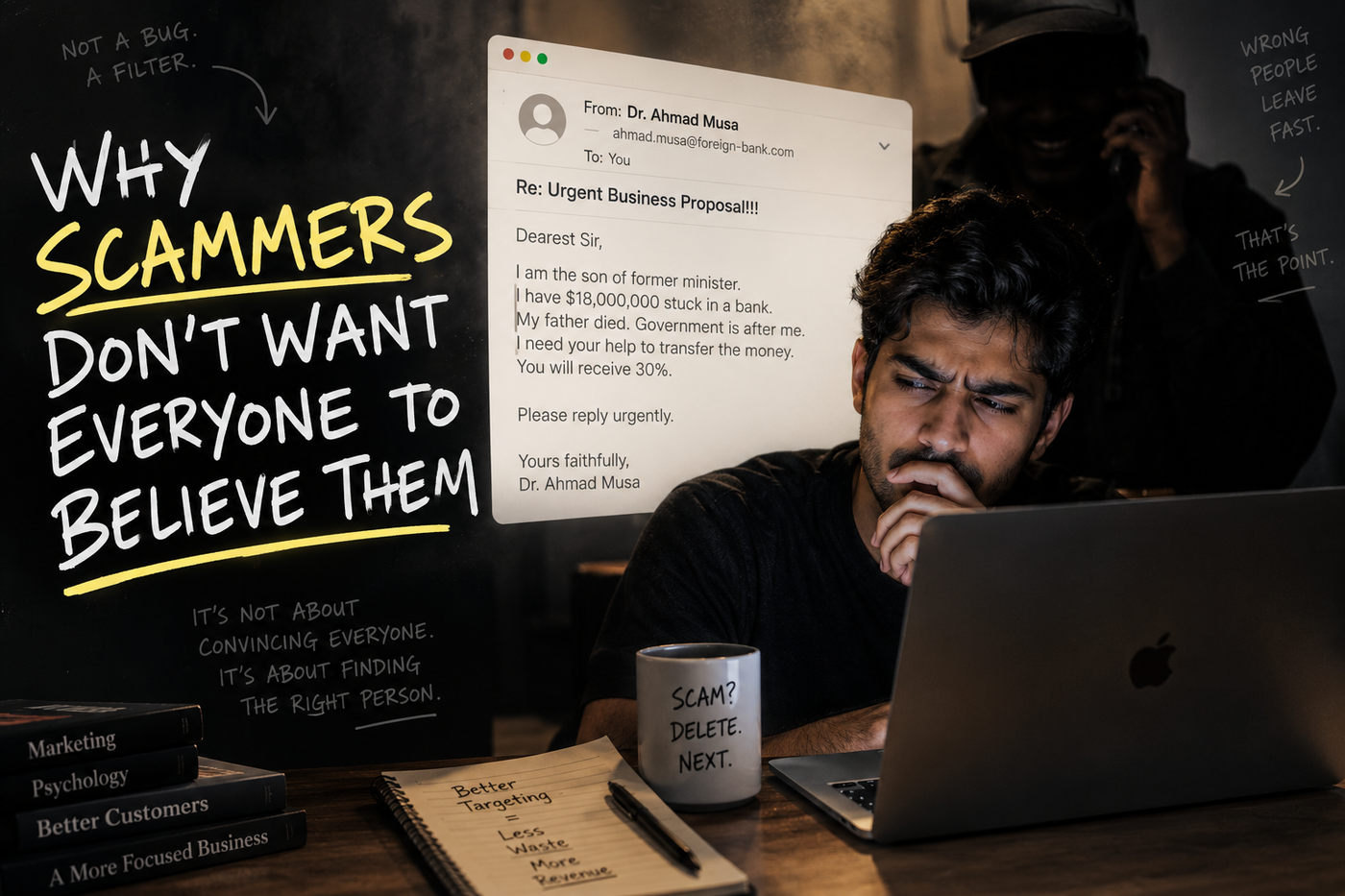 Editorial image showing a suspicious scam email beside a skeptical man at a laptop, illustrating how scam messages can filter audiences and what marketers can learn from targeting.