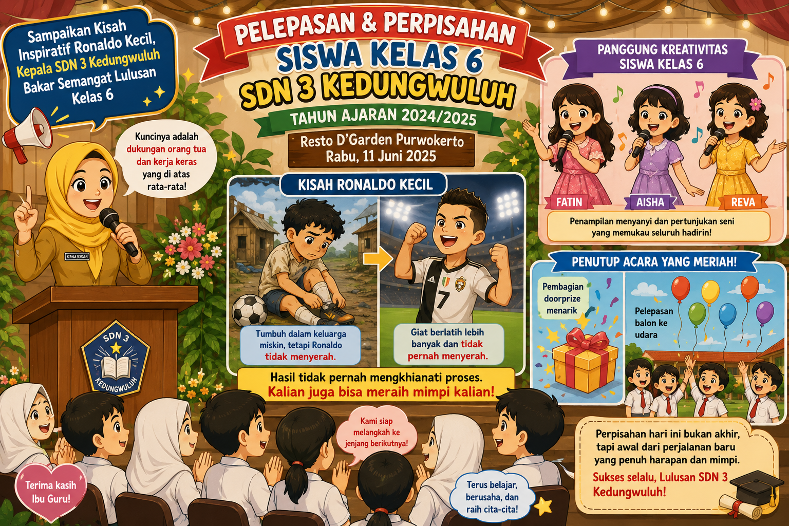 Sampaikan Kisah Inspiratif Ronaldo Kecil, Kepala SDN 3 Kedungwuluh Bakar Semangat Lulusan Kelas 6