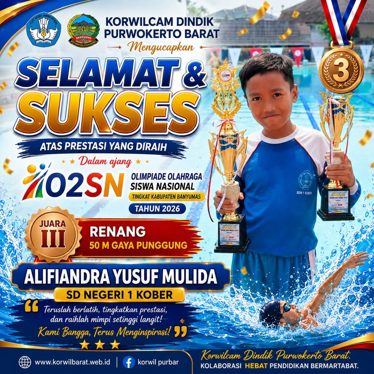 Sabet Juara 3 Renang O2SN Kabupaten Banyumas 2026, Alifiandra Yusuf M. Harumkan Nama SDN 1 Kober