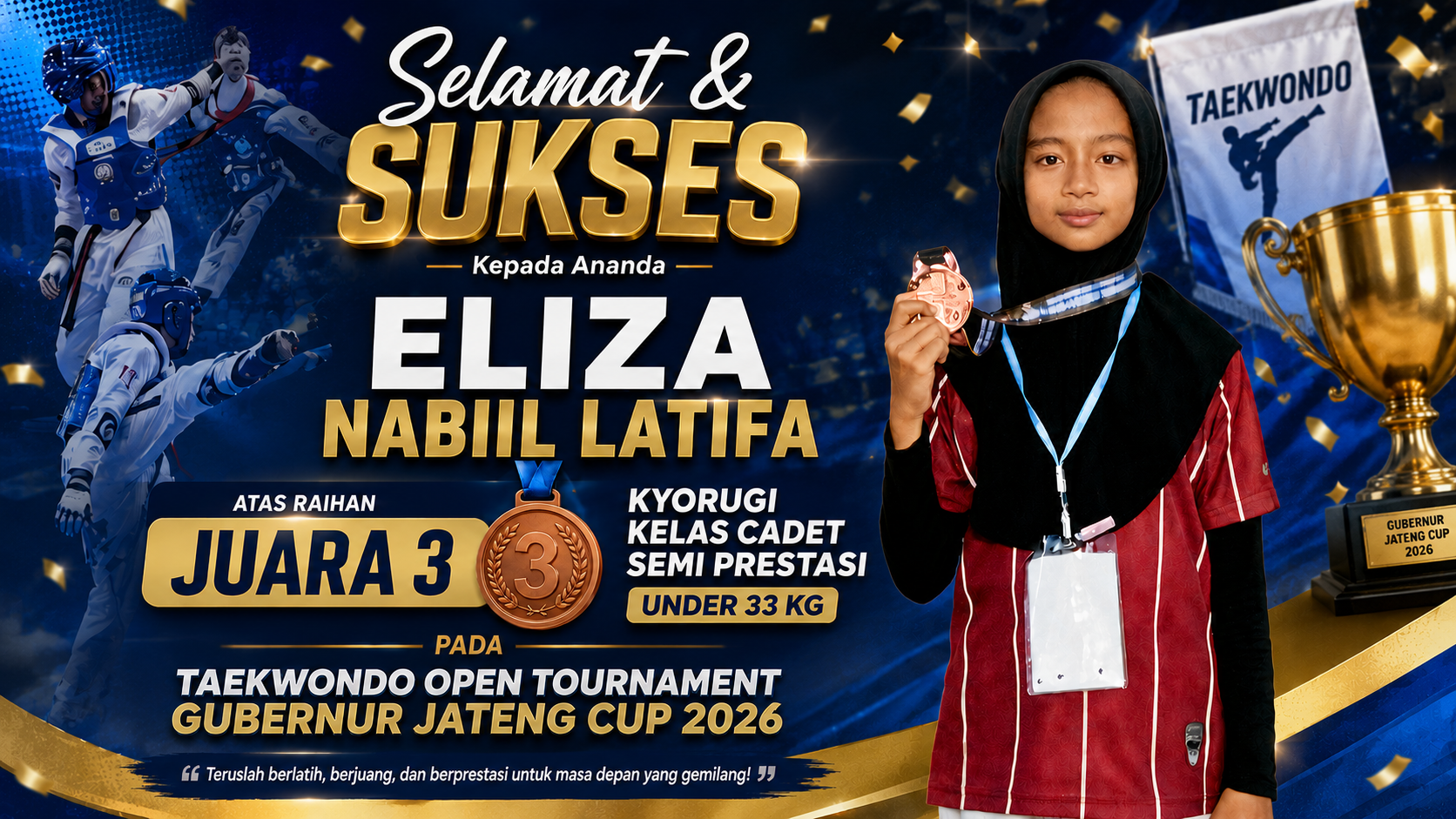 Siswi SDIT Khoiro Ummah Purwokerto Raih Juara 3 Taekwondo Open Tournament Gubernur Jateng Cup 2026