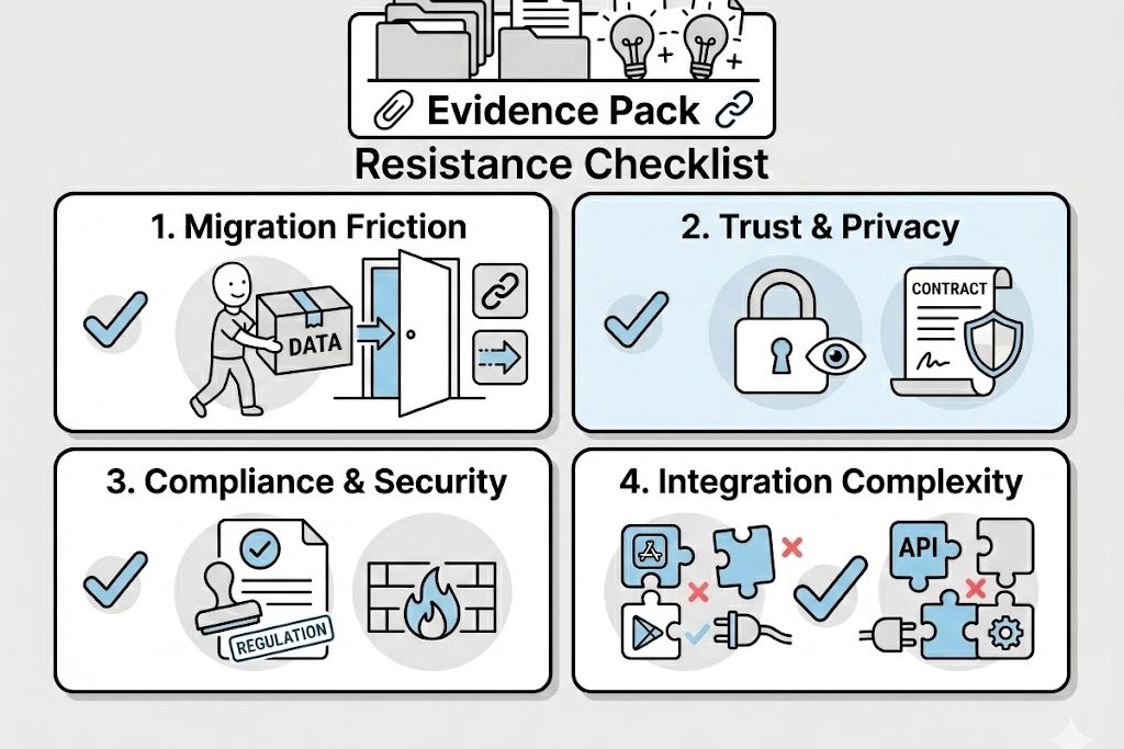A simple “Resistance checklist” graphic: migration, trust, compliance, habit, integrations