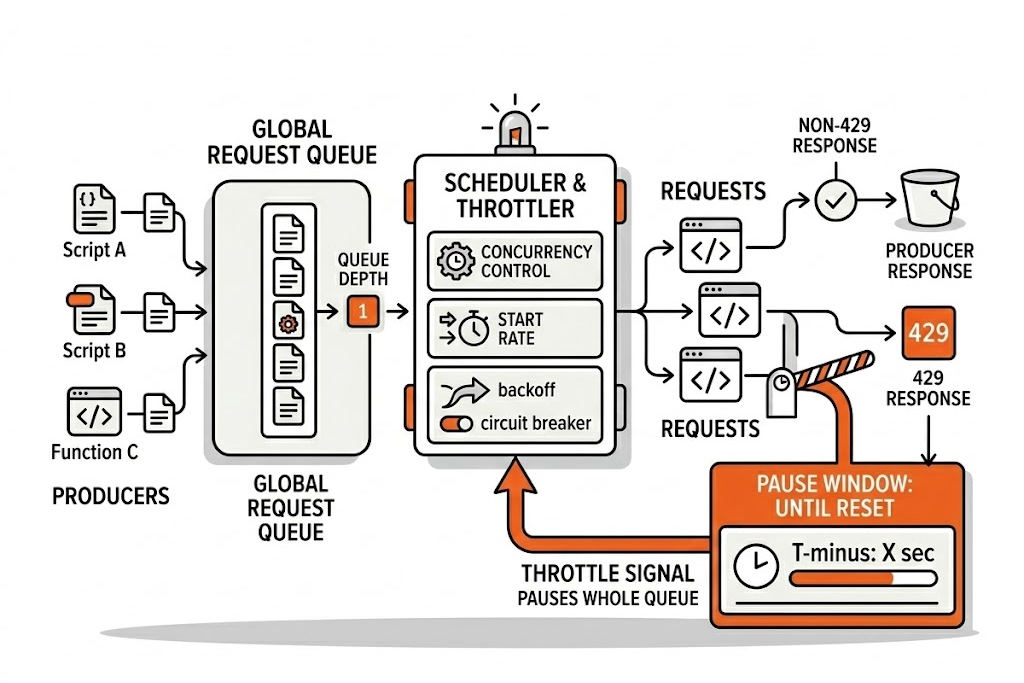 Diagram of the scheduler: producers → queue → throttler → requests → responses → pause window
