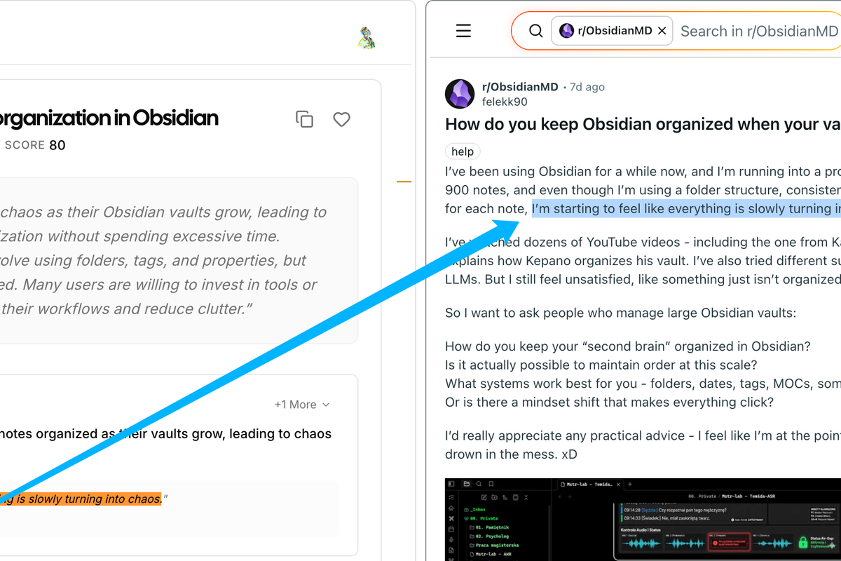 Screenshot of an evidence list and a click-through permalink opened in a new tab