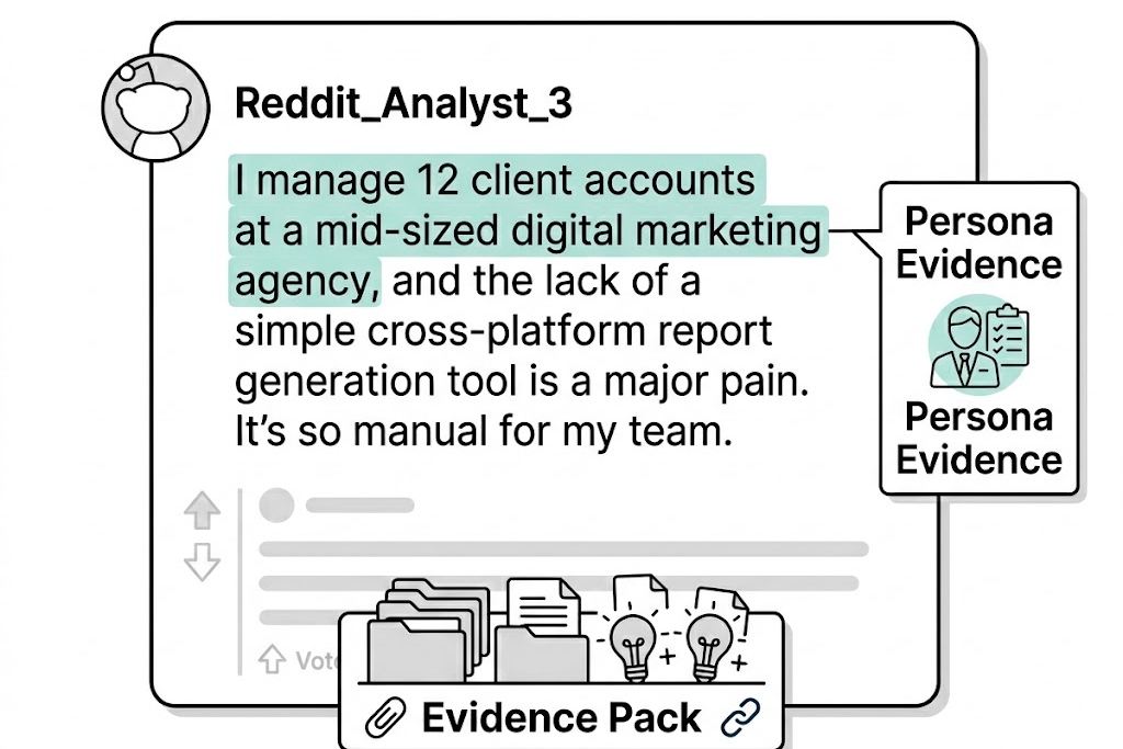Screenshot of a single Opportunity Card showing signals + evidence + copy/export action