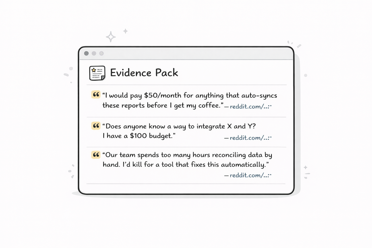 Screenshot mockup of an “Evidence Pack” list: each bullet has quote + source link