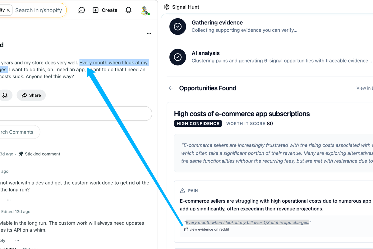 Screenshot of clicking an evidence link that opens the Reddit permalink in a new tab
