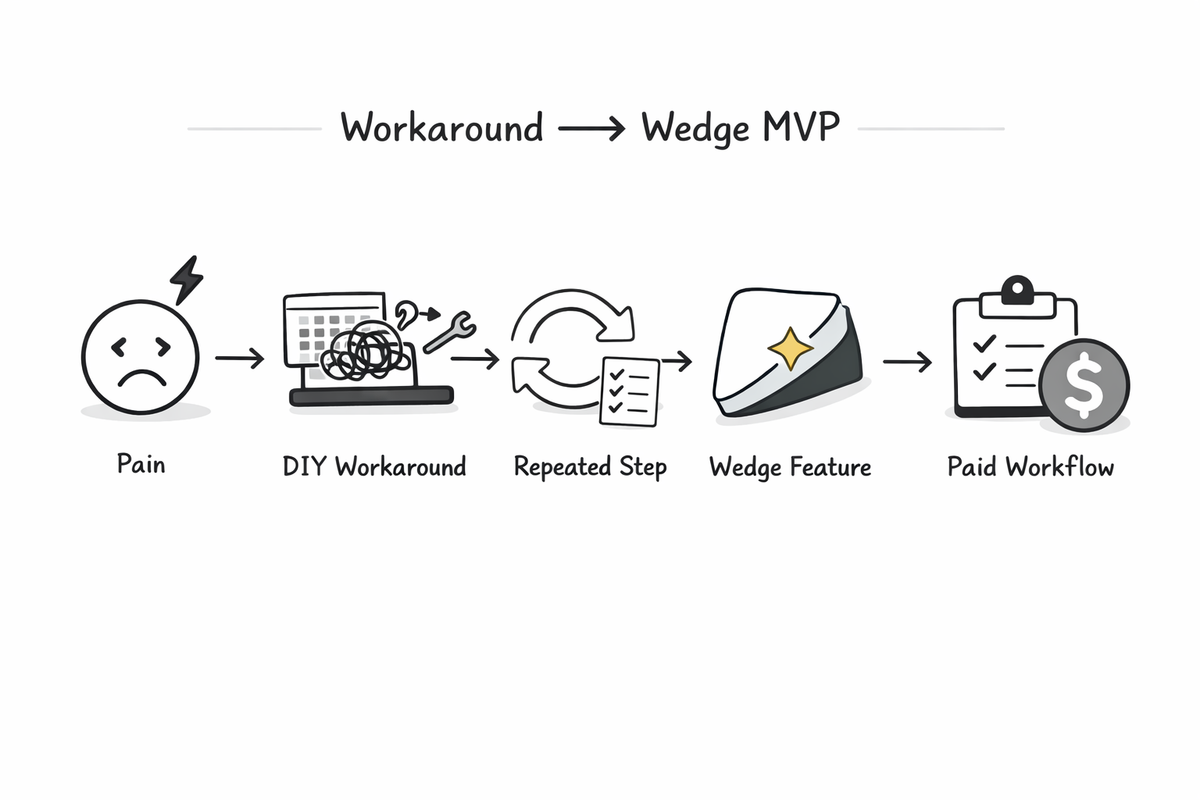 A “Workaround → Wedge MVP” flow diagram: Pain → DIY workaround → repeated step → wedge feature → paid workflow