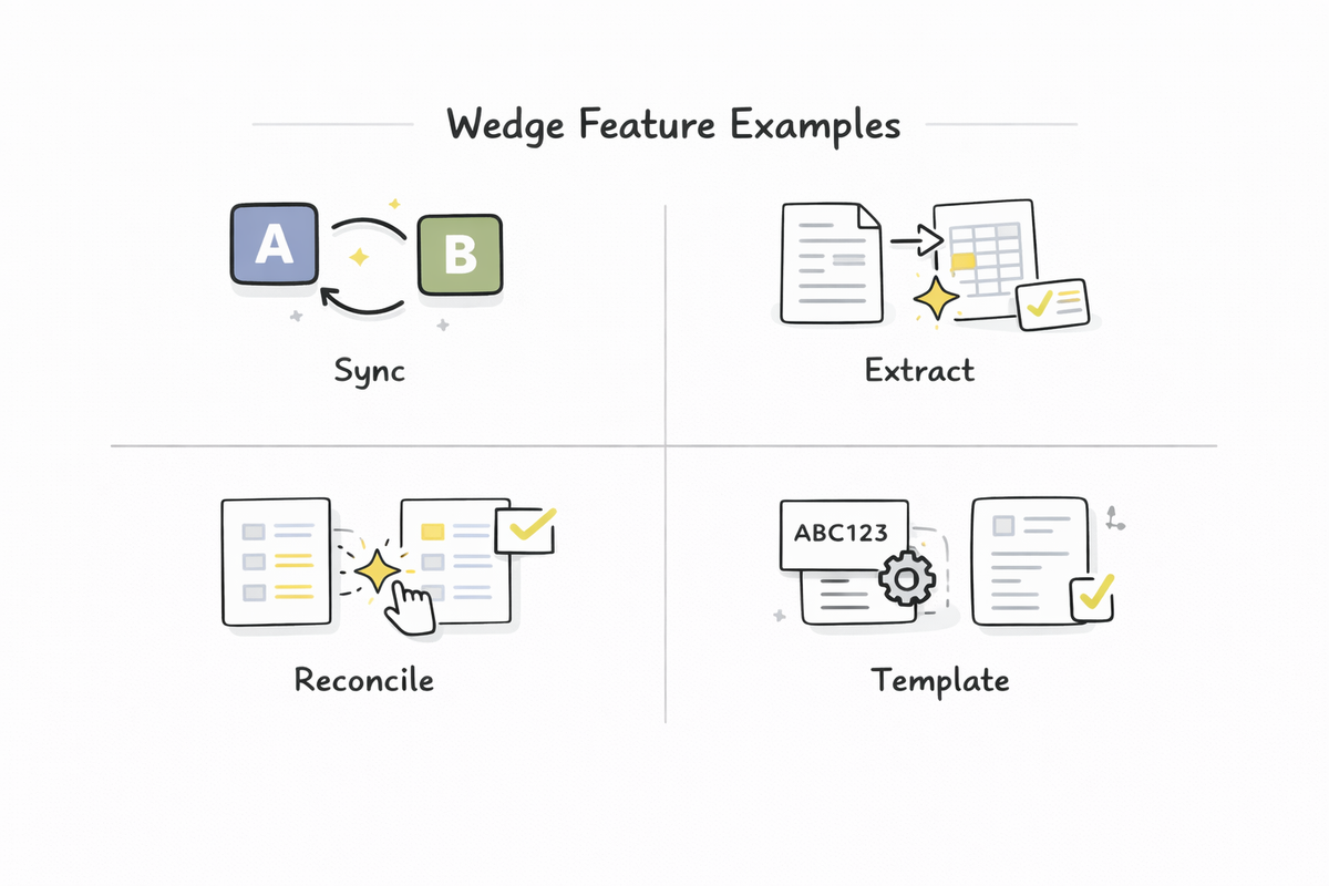 “Wedge feature examples” grid: sync, extract, reconcile, template
