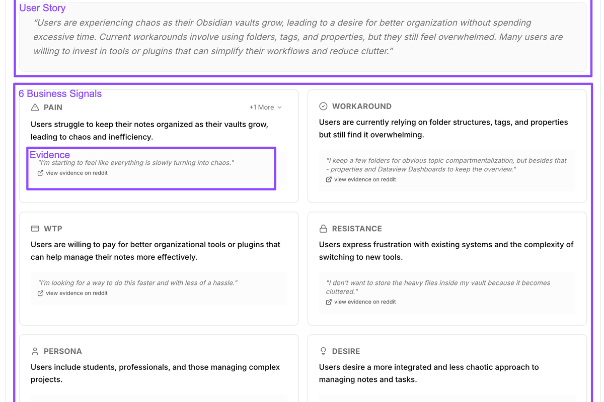 Screenshot of a Signal Hunt “Opportunity Card” showing Worth-it Score + 6 signals + Evidence Pack