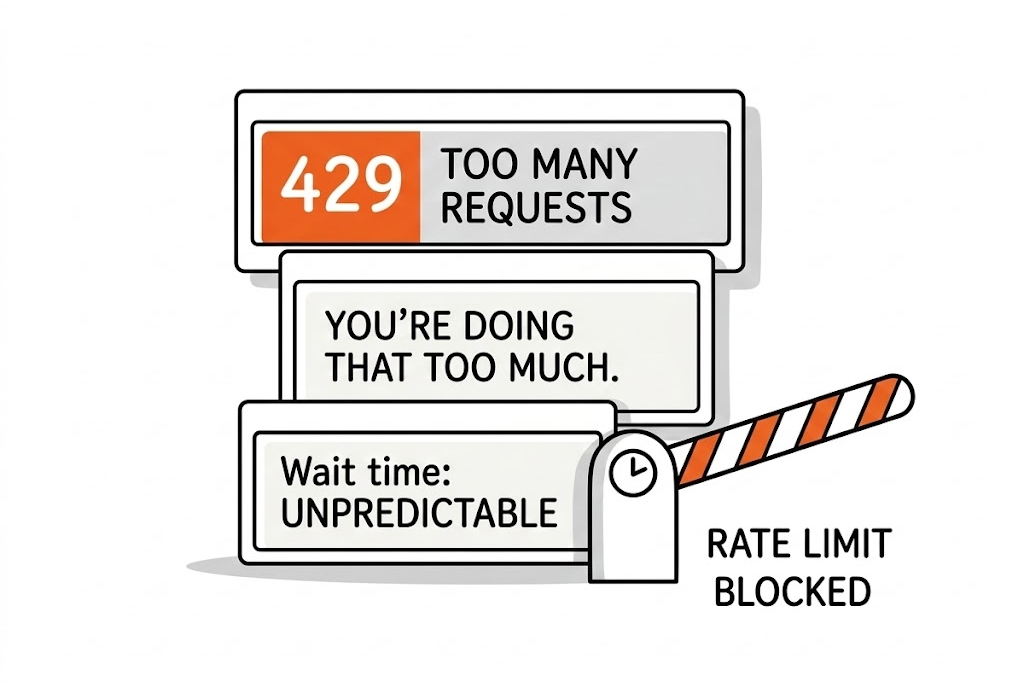 Screenshot collage: “429 Too Many Requests”, “You’re doing that too much”, missing x-ratelimit headers