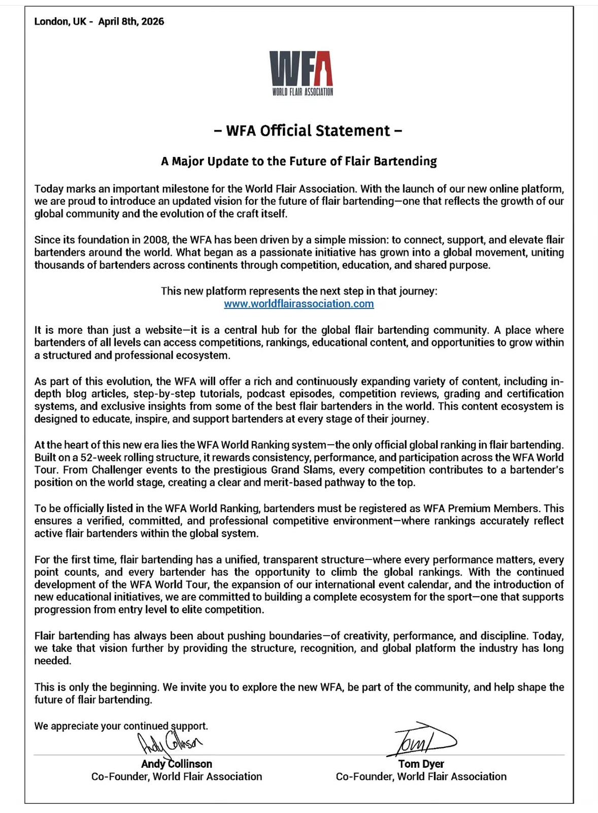  WFA Official Statement 