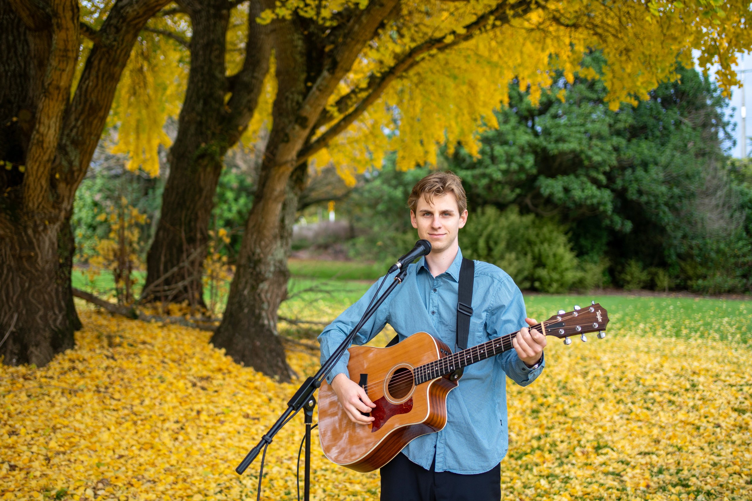 Niklas Meads standing with an acoustic guitar and microphone under a tree with yellow autumn colours
