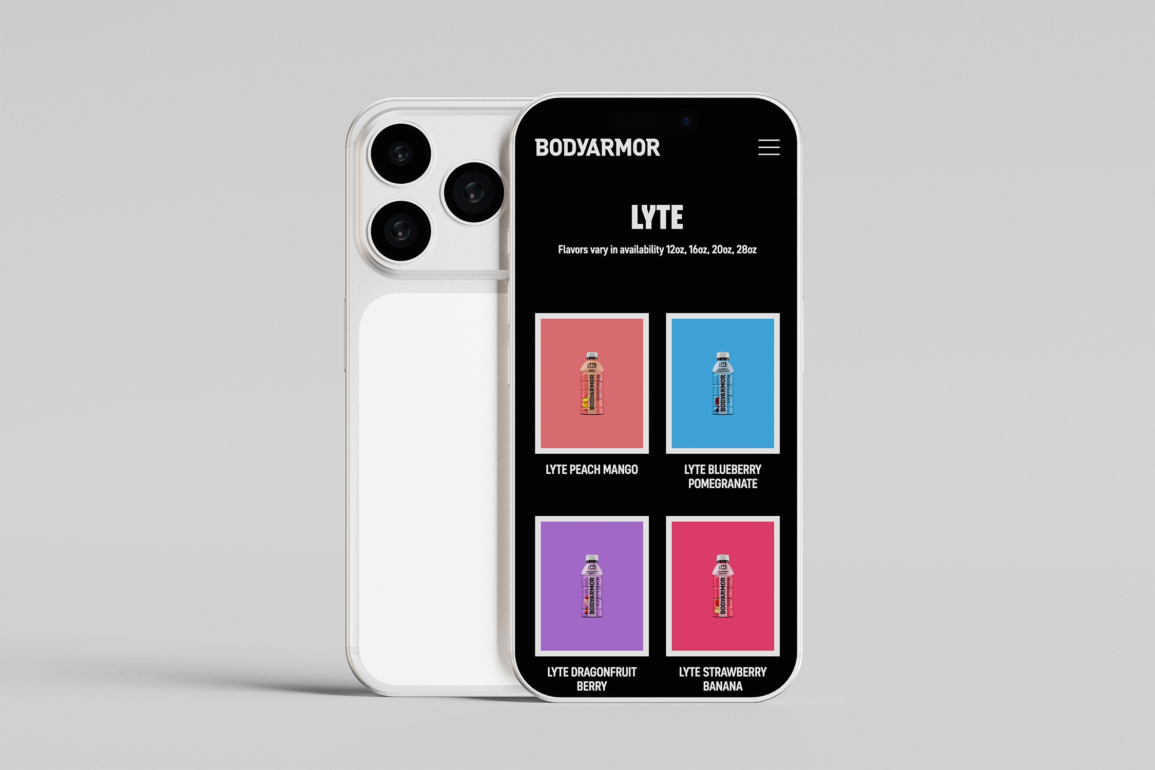 Smartphone mockup showing the Bodyarmor Lyte product collection page with four drink flavors presented in a clean grid layout on a dark interface