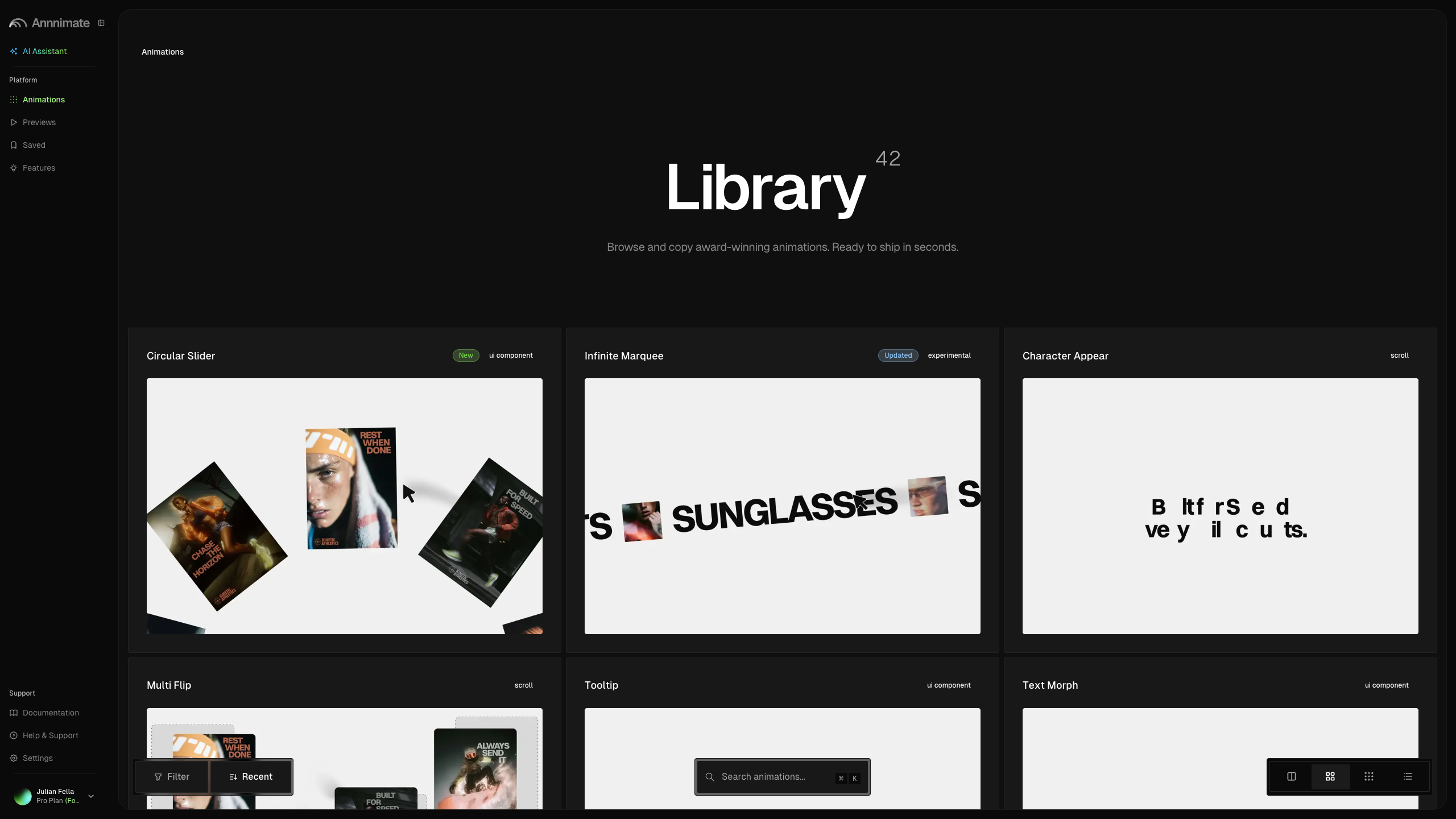 Annnimate animation library interface displaying multiple animation components in a dark UI layout