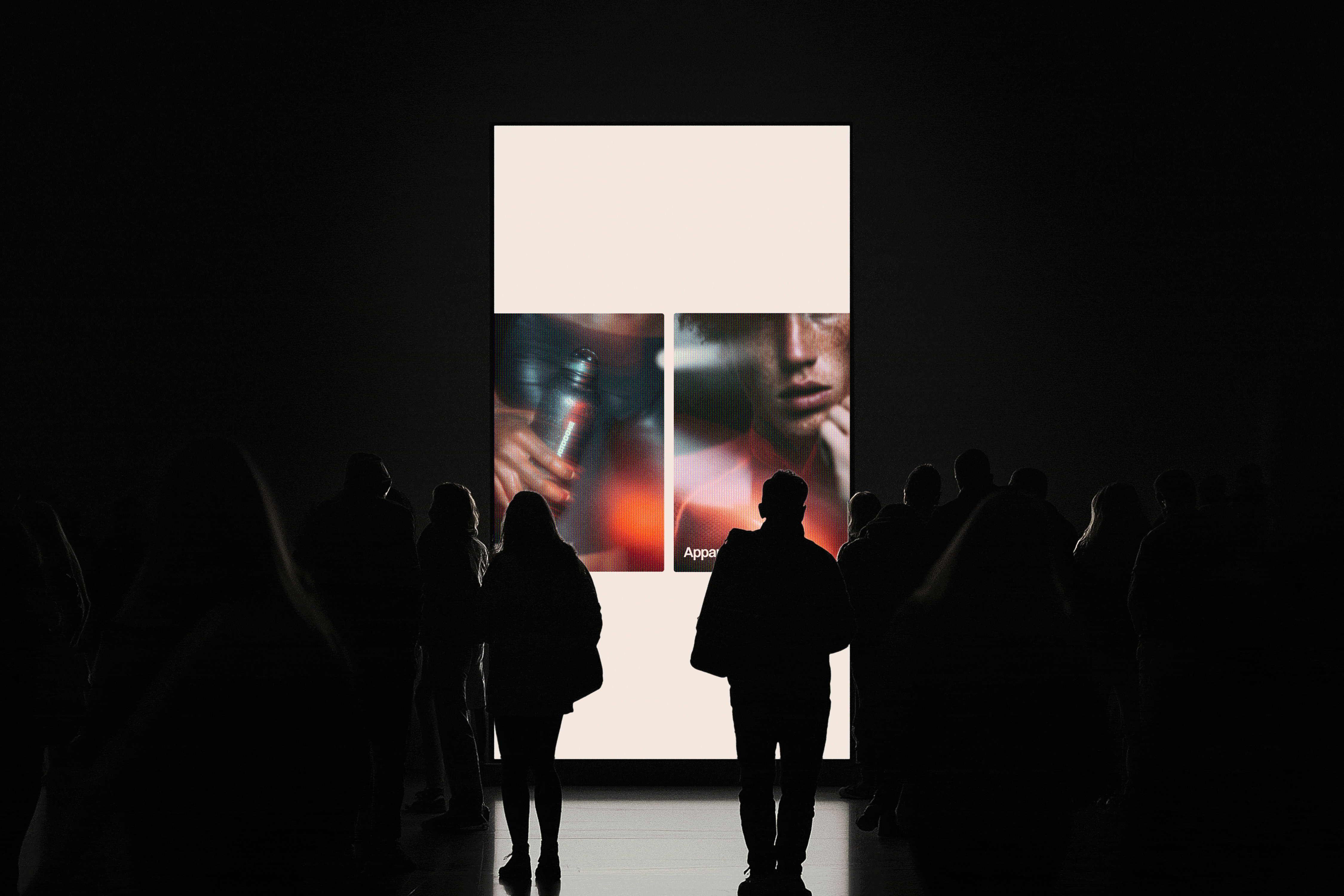 Silhouetted crowd standing in front of a large vertical screen displaying an animated poster design of Annnimate