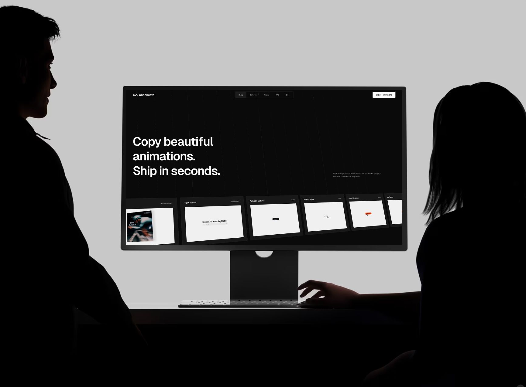 Silhouetted figures viewing the Annnimate interface on a large monitor displaying animation previews and UI components