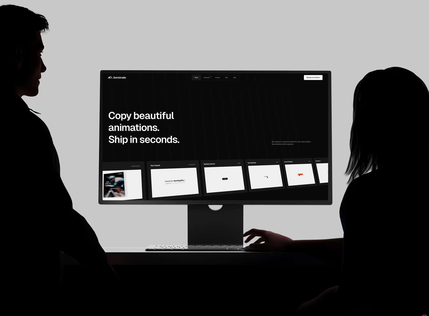 Silhouetted figures viewing the Annnimate interface on a large monitor displaying animation previews and UI components
