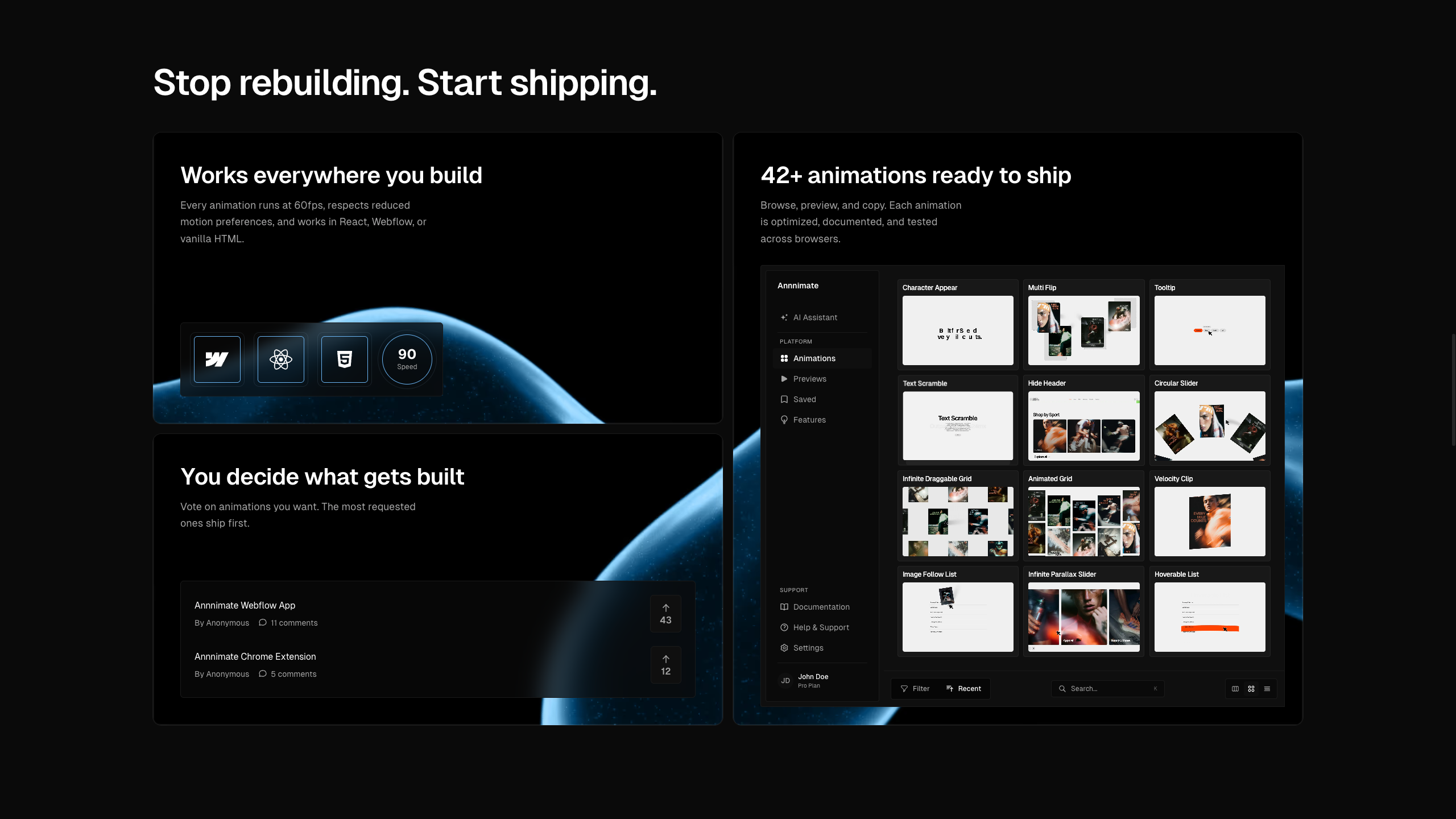 Annnimate website interface showing feature highlights, cross-platform support, and a grid of ready-to-use animations in a dark UI